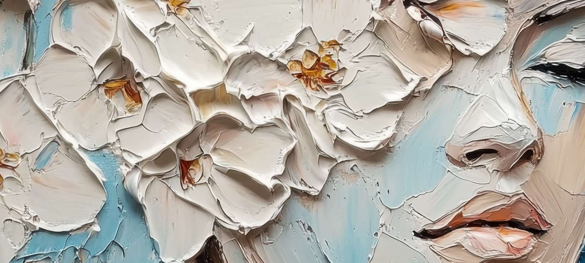 Close-up of botanical frame TV art with textured petals and soft pastel hues