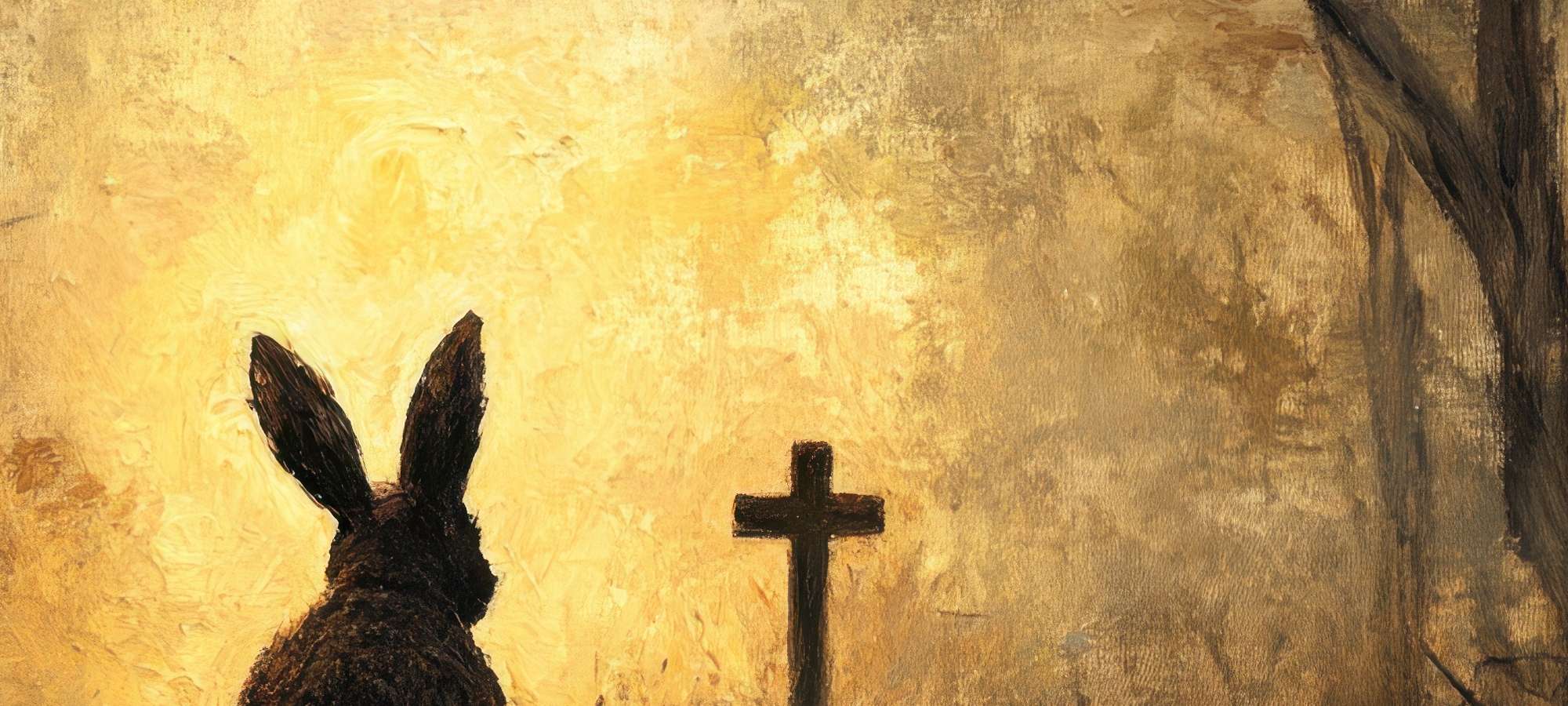 Easter frame TV art with golden hues, depicting a rabbit silhouette and cross.