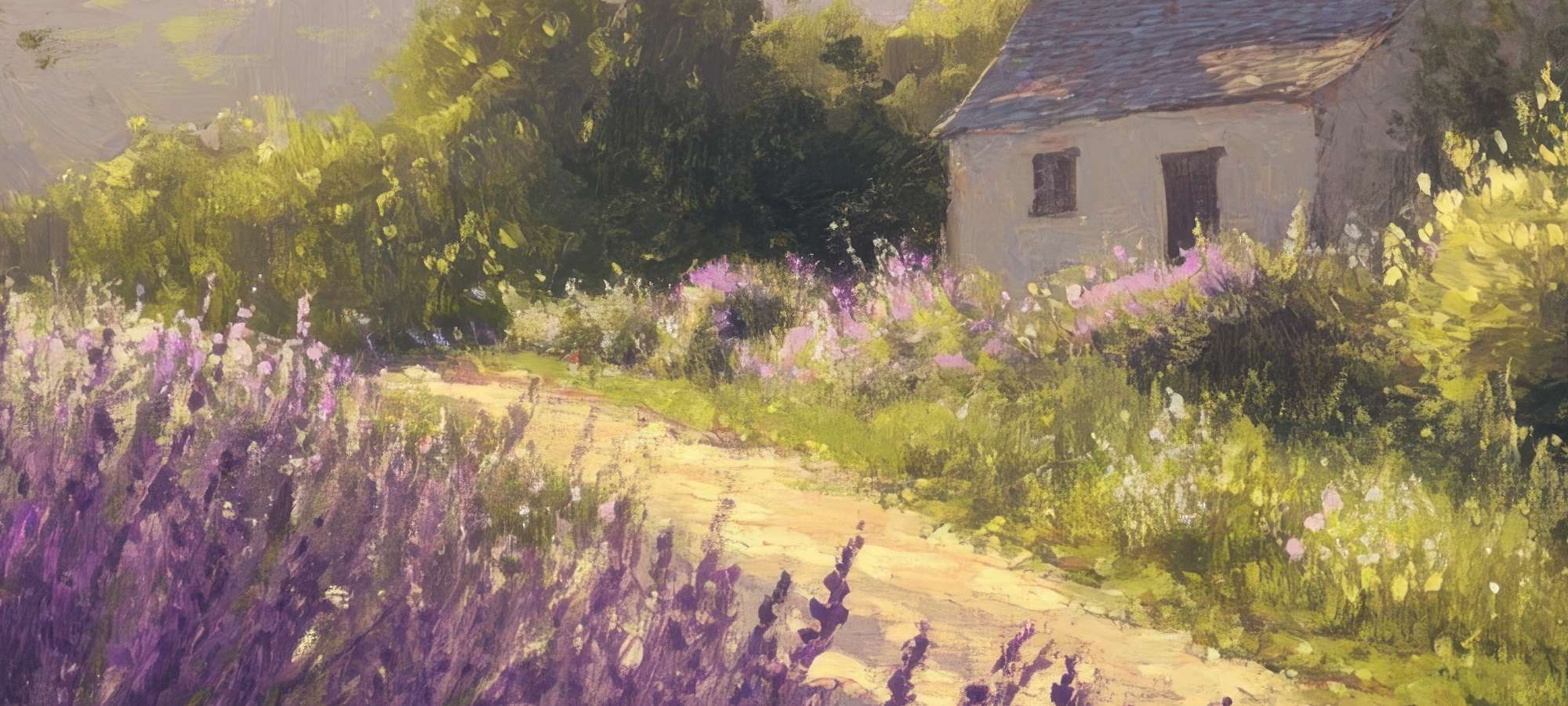 Close-up floral artwork for farmhouse desktop wallpapers featuring vibrant greens and soft purples