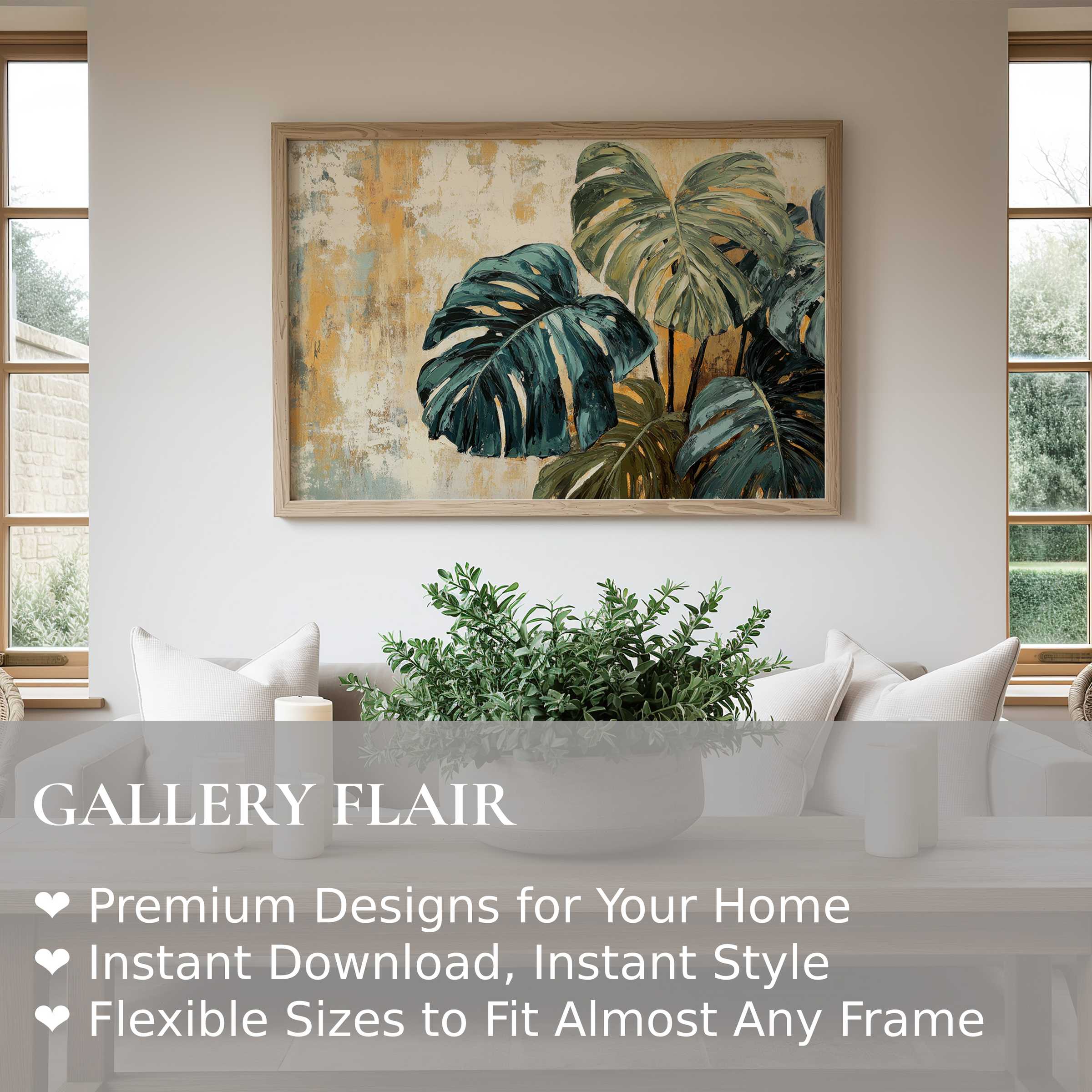 Botanical wall art print featuring lush monstera leaves in muted greens and golds, enhancing this serene modern farmhouse living space with natural elegance and calm