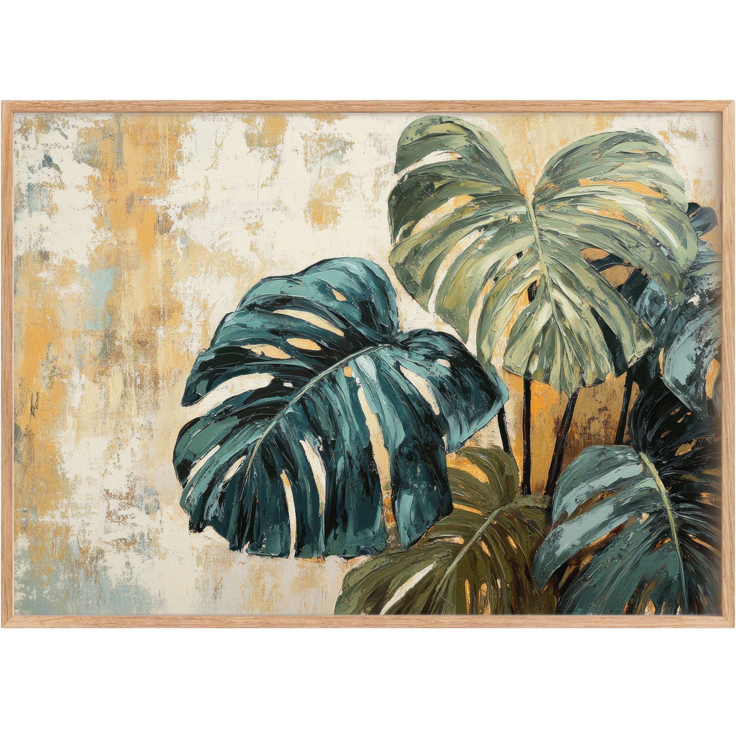Lush botanical printable wall art with deep teal and olive leaves against warm ochre and cream, evoking a serene, inviting ambiance