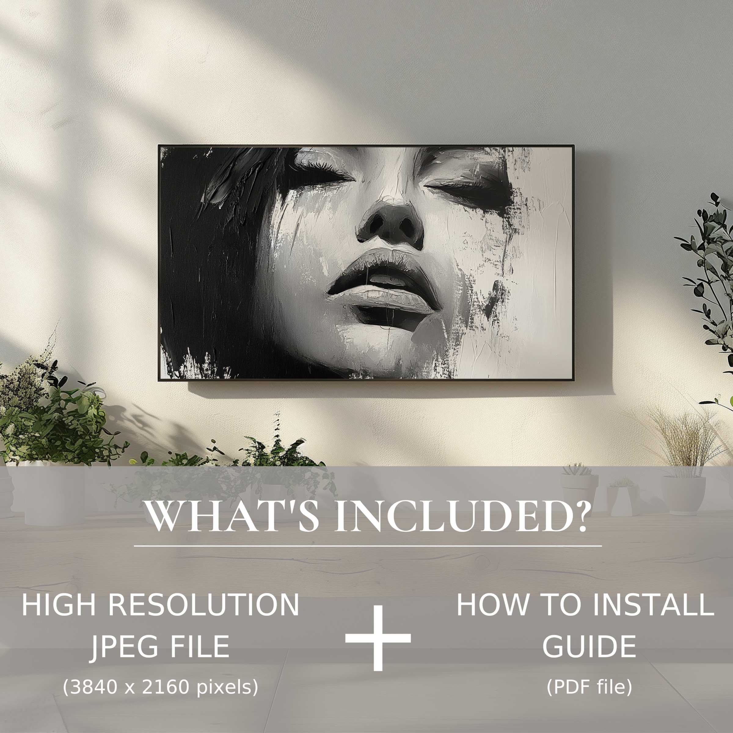 Elegant black and white digital TV art download enhancing modern living spaces with easy, high-res digital installation