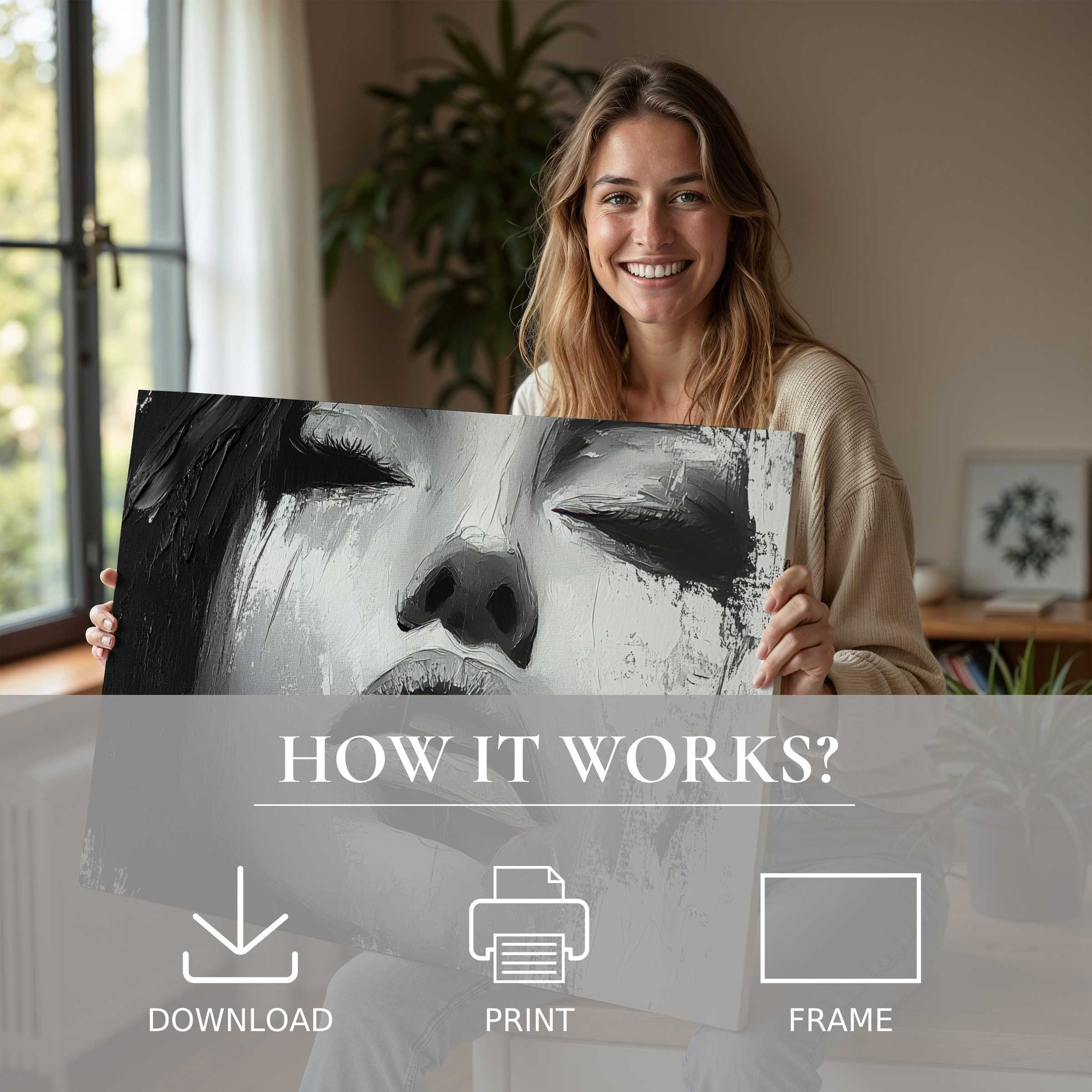 A serene moment of joy unfolds as she embraces a black and white digital art print, bringing refined elegance and heartfelt connection into her modern home decor