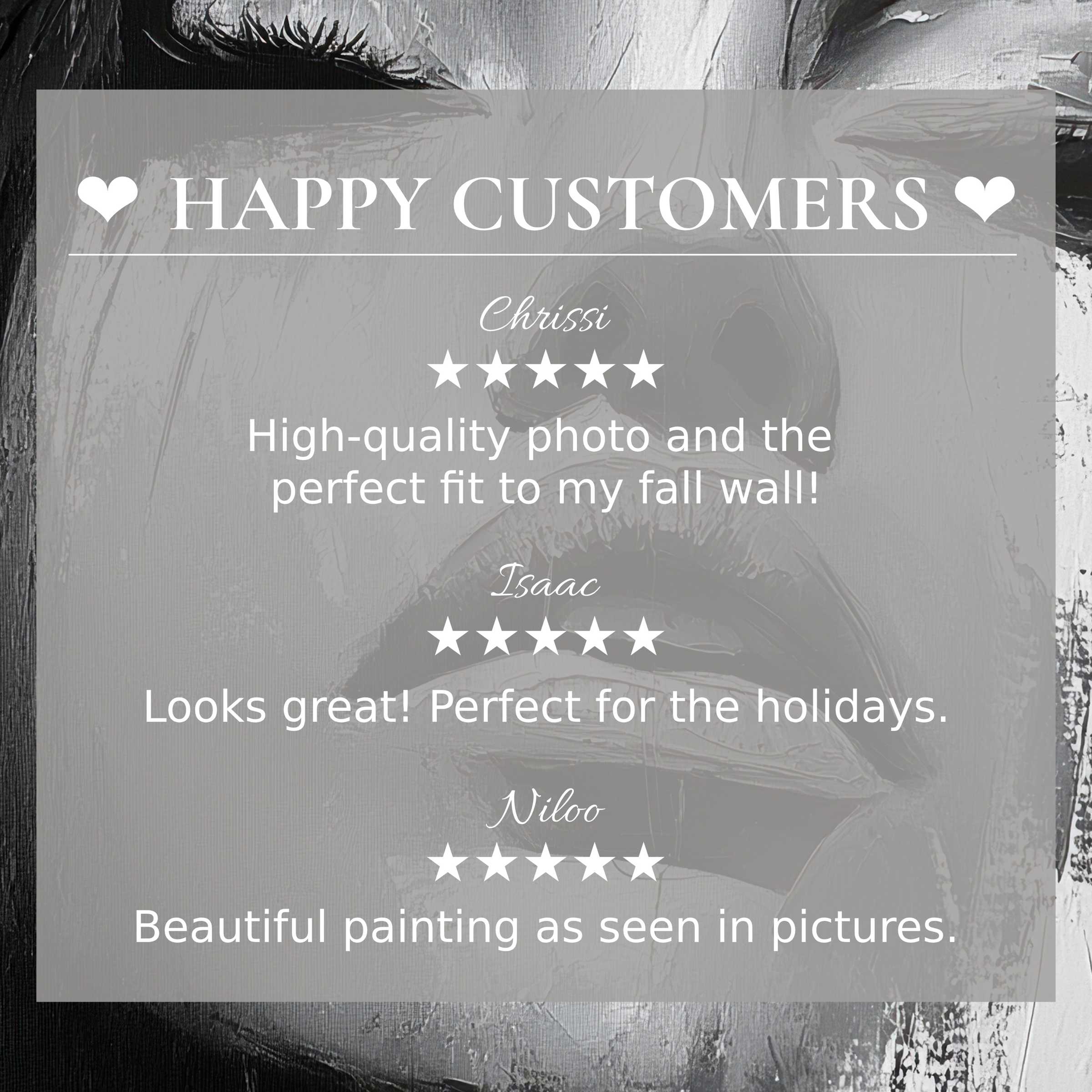 Refined black and white art for Frame TV with happy customer reviews over textured monochrome portrait background