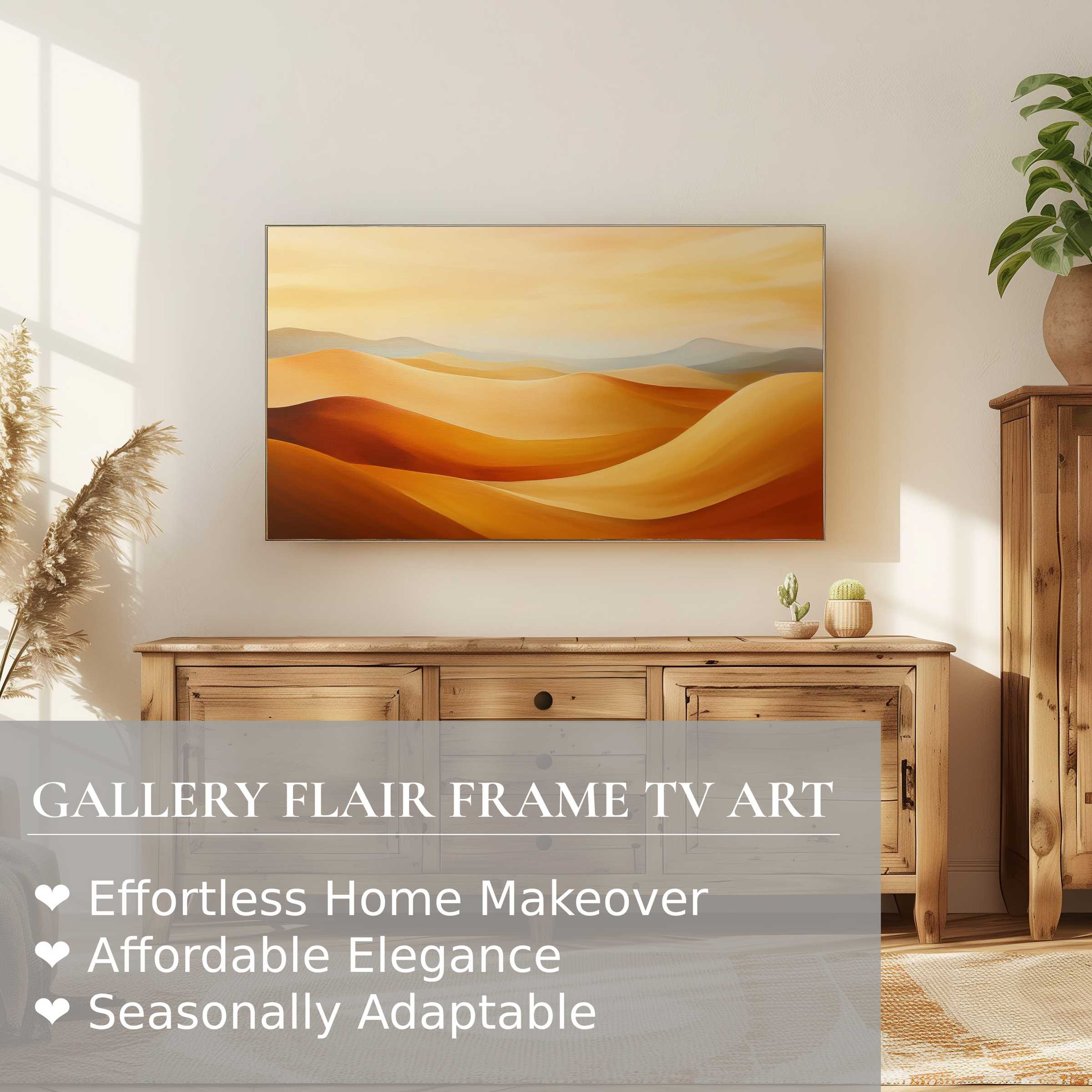 Samsung Frame TV showcases modern digital artwork of warm, flowing dunes in a chic, sunlit living room setting