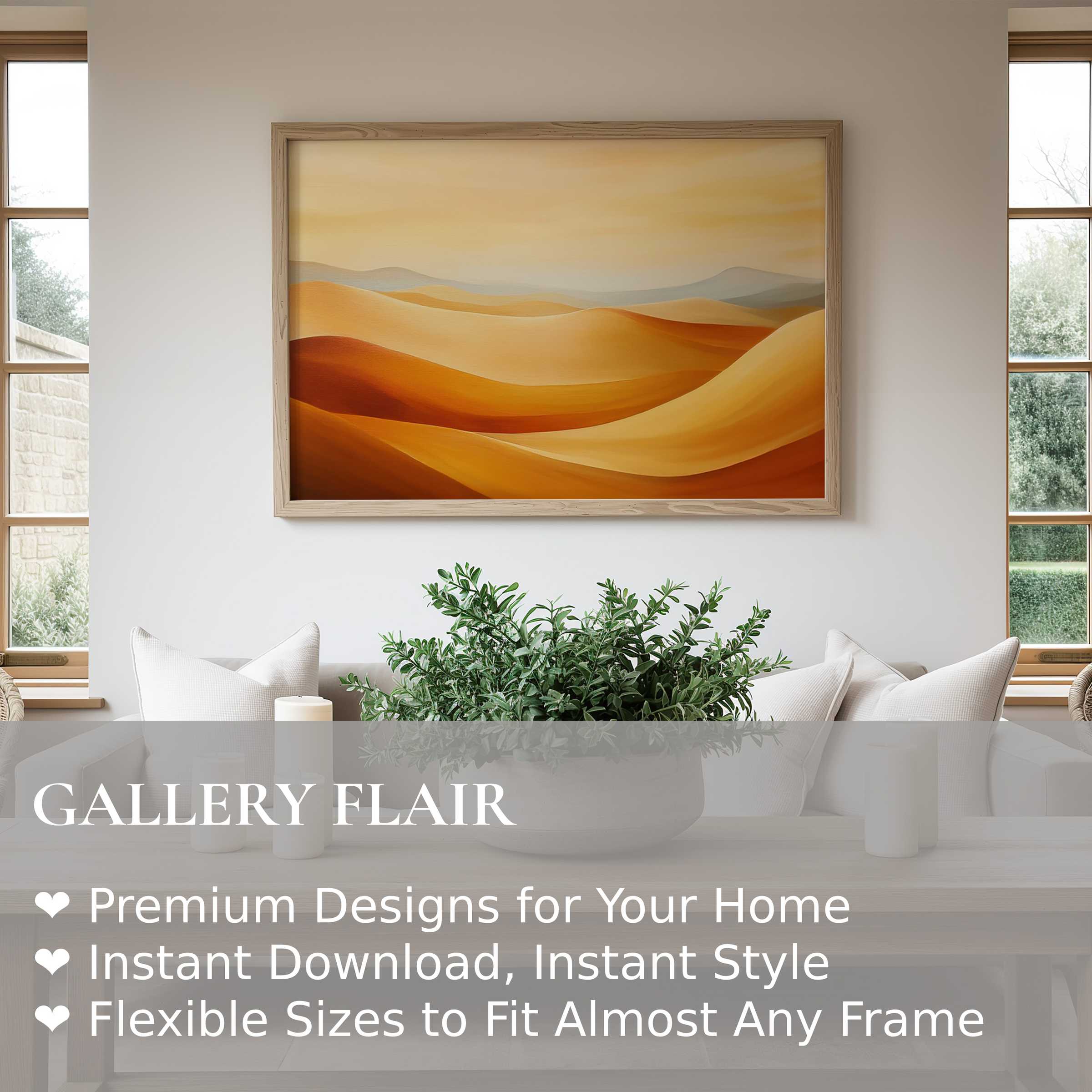 Modern wall art print featuring radiant desert dunes in warm ochre tones, elevating calm, minimalist living spaces with serene, natural elegance