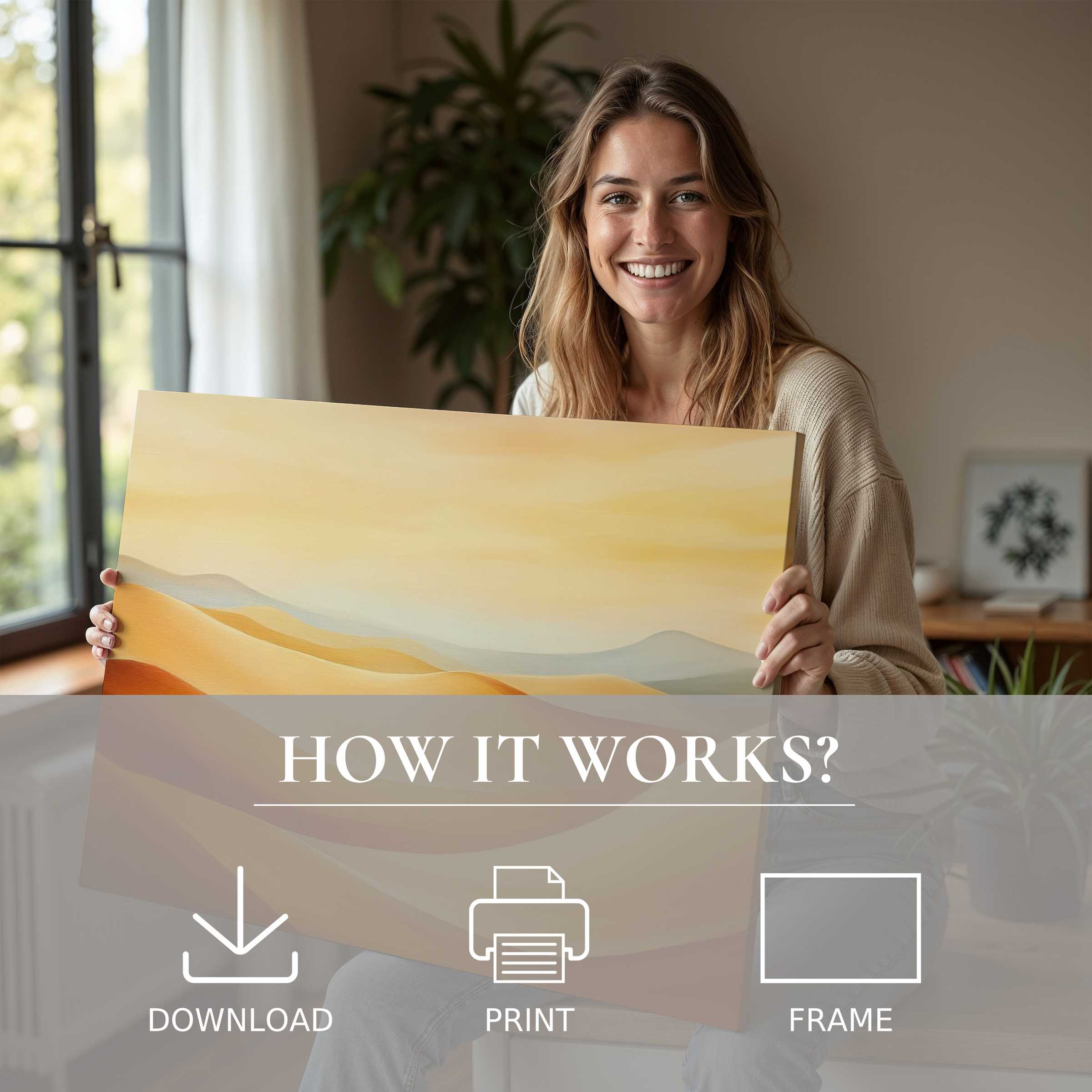 Embody serene joy living with modern digital art print-soft earth tones elevate a stylish home’s calm, effortless grace