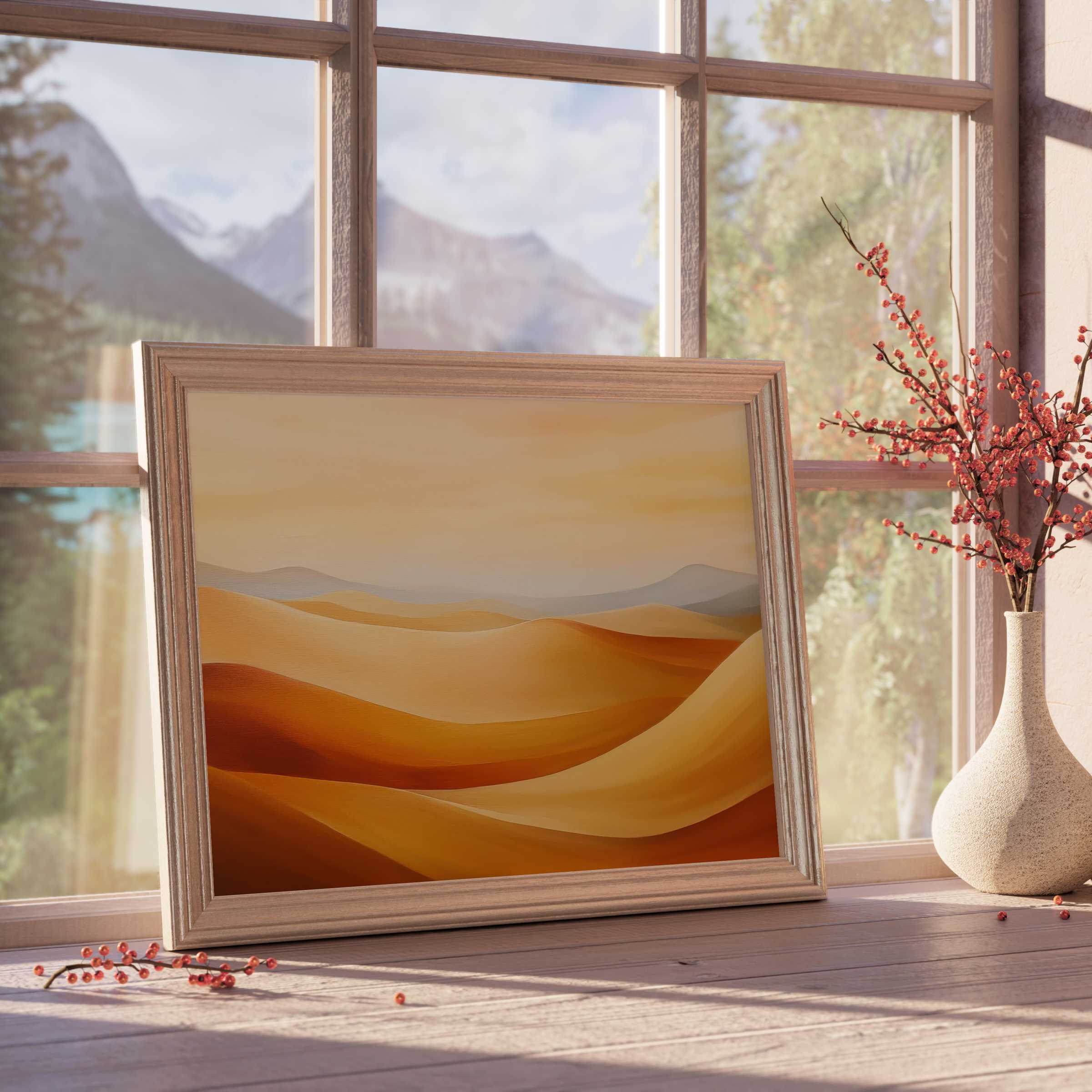 Modern downloadable art capturing warm desert landscapes with flowing dunes, elevating curated, tranquil interiors with timeless elegance