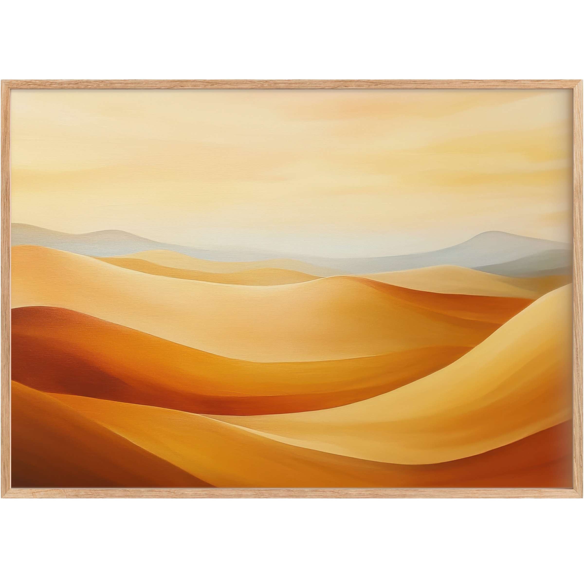Modern printable wall art capturing serene desert dunes in warm amber and soft gold, radiating a tranquil, elegant ambiance
