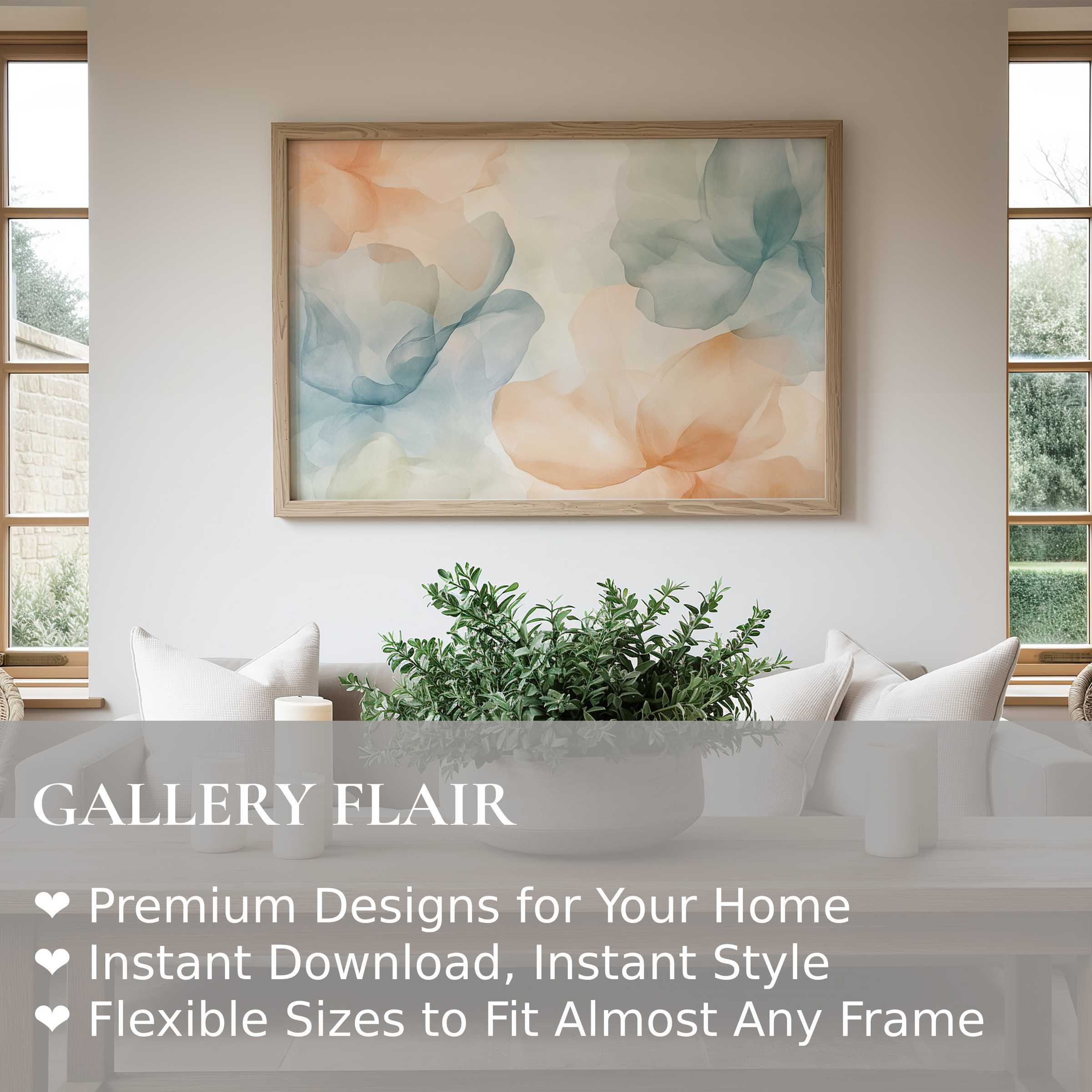Elegant floral wall art print in soft pastel hues, enhancing modern minimalist interiors with calming, sophisticated ambiance