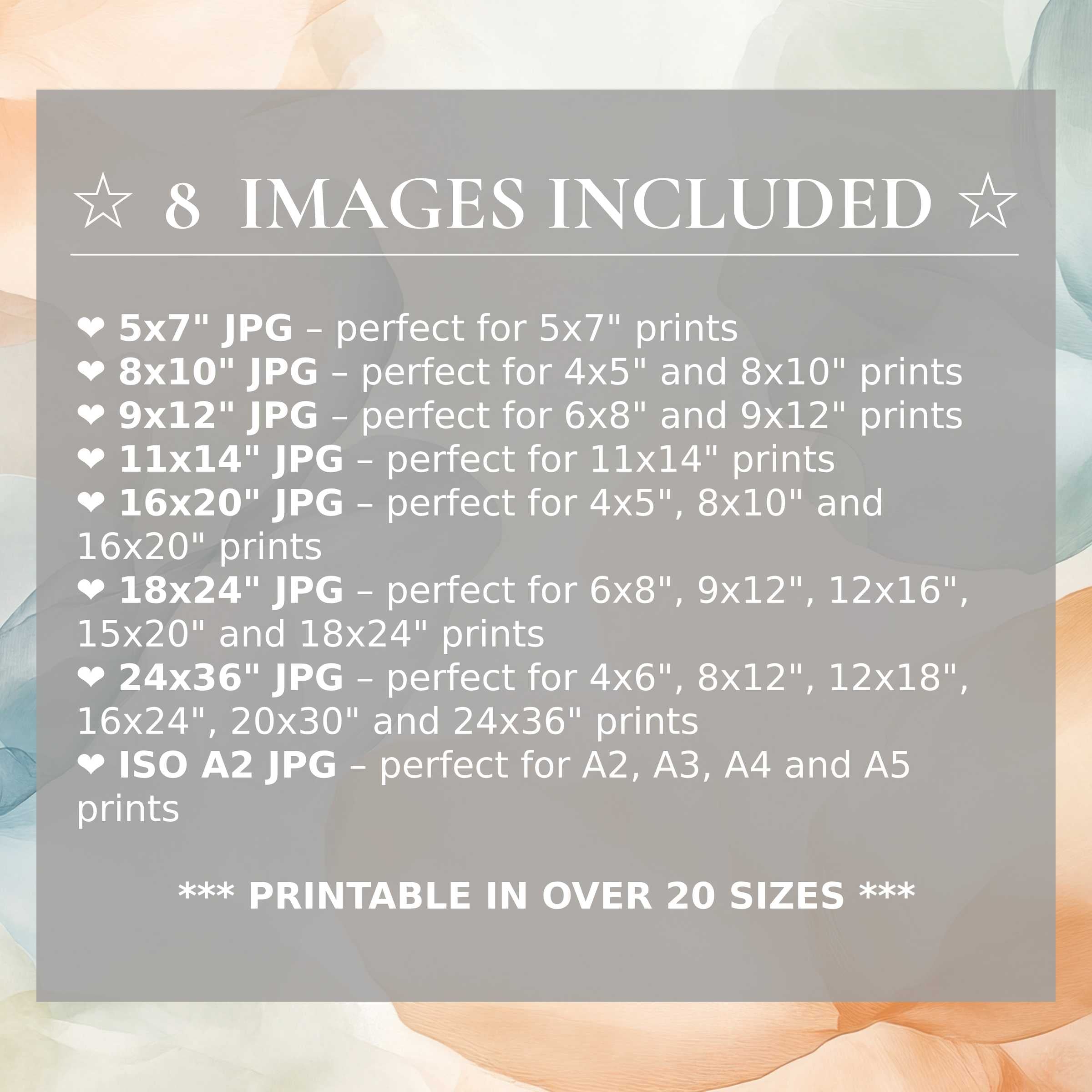Elegant floral digital print in soft peach and sage tones, radiating calm and sophistication with 8 high-quality sizes included