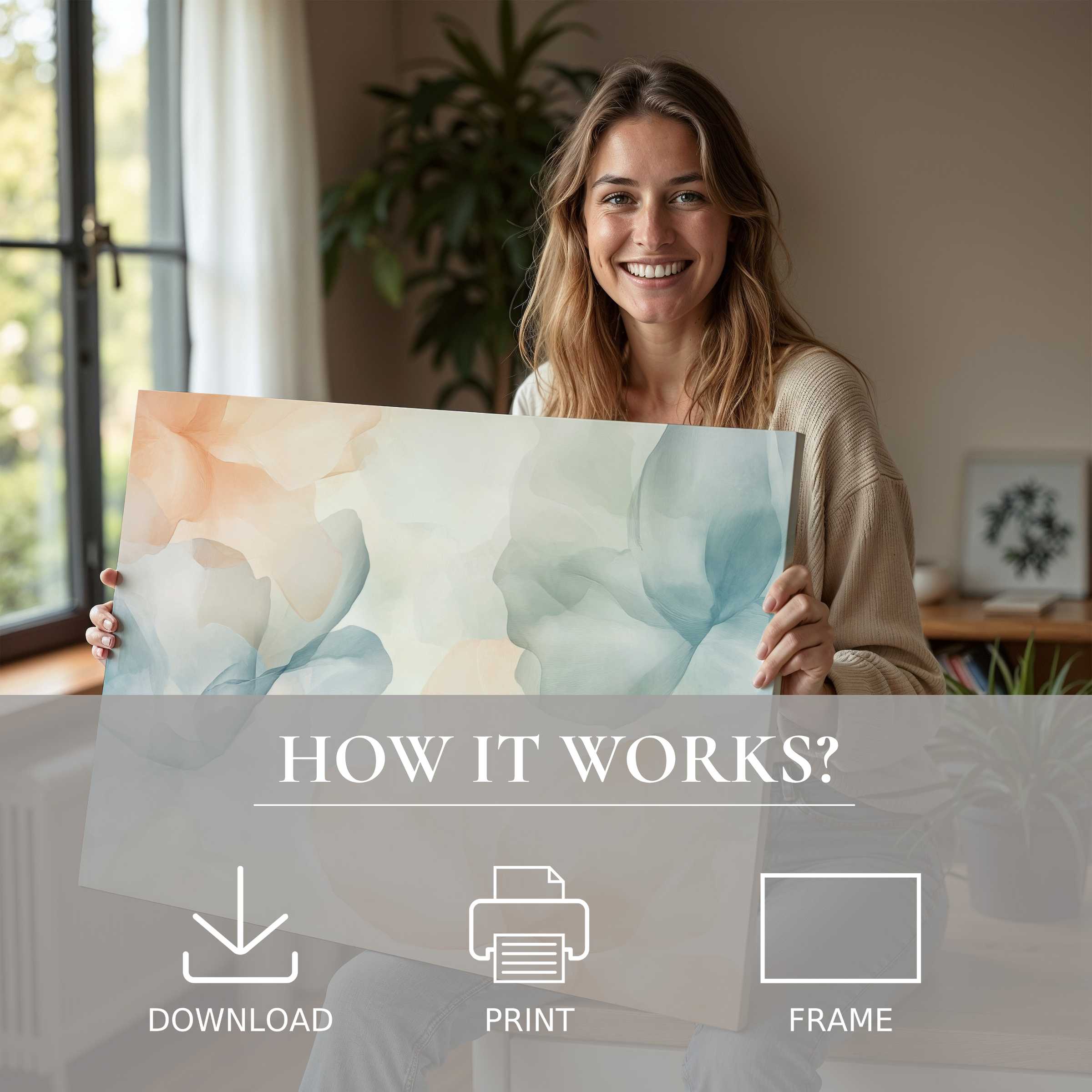 A serene moment of joy and connection as elegant floral digital art print breathes calm sophistication into a sunlit, modern home