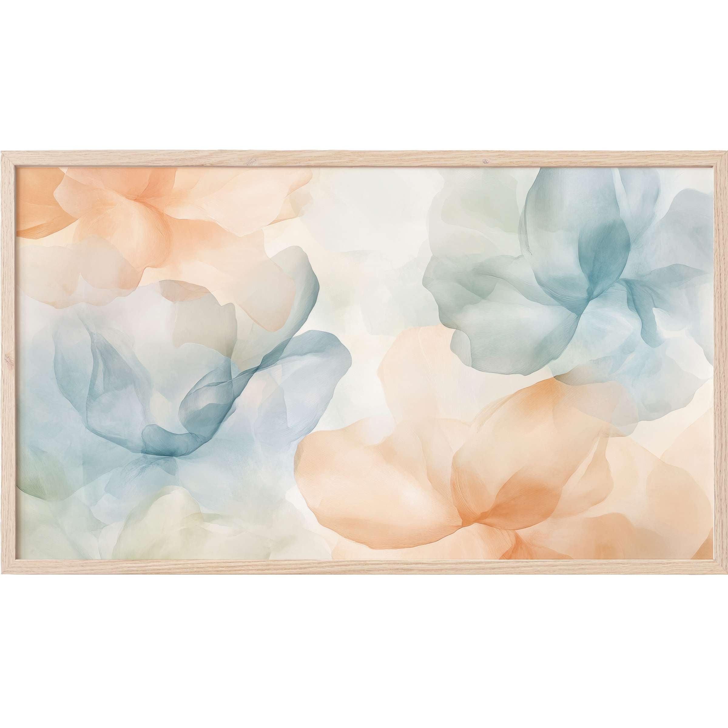 Floral Frame TV Art with soft, translucent petals in muted blues and peaches, evoking modern elegance and calm