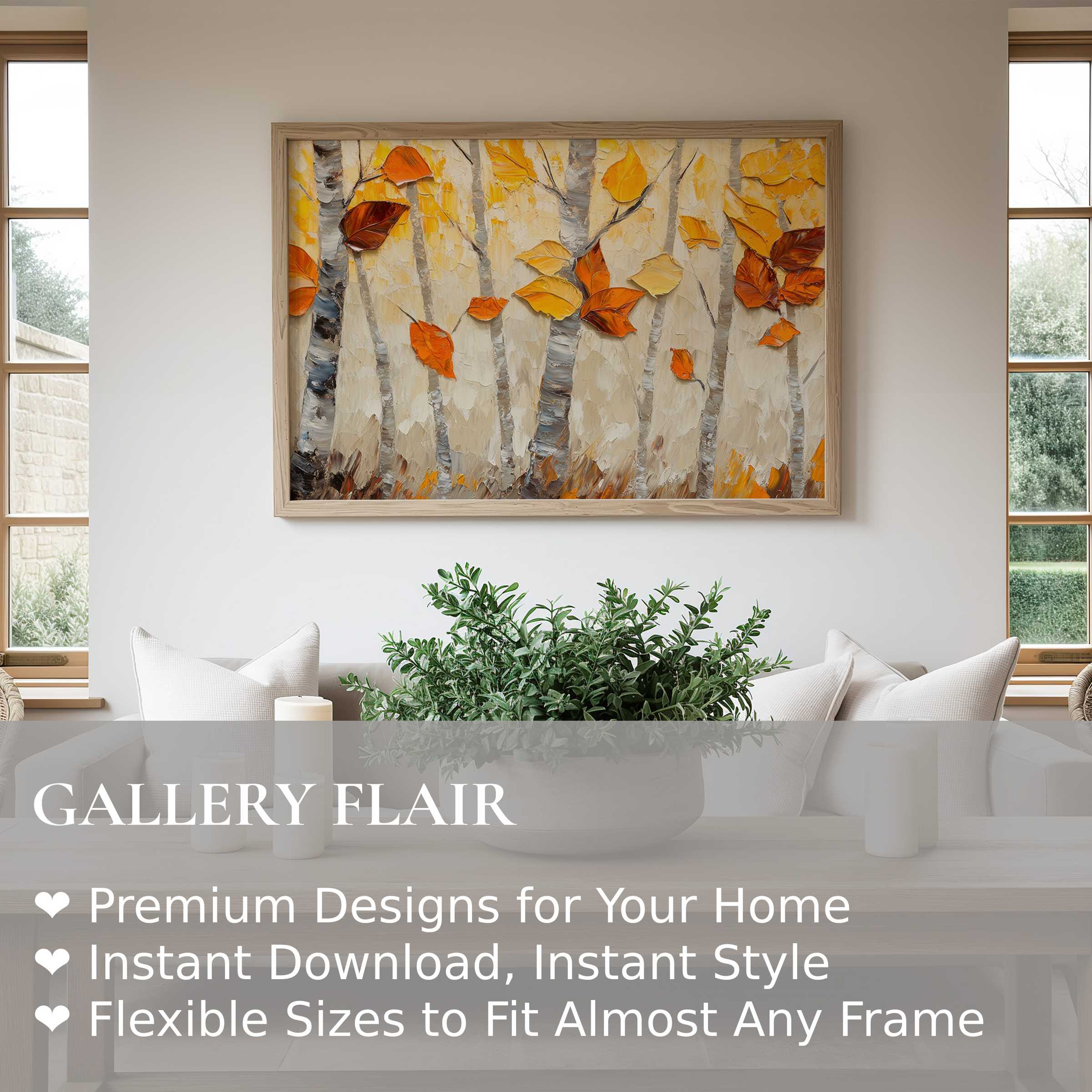 Radiant tree wall art print with textured autumn leaves, enhancing serene modern living spaces with warm, nature-inspired charm