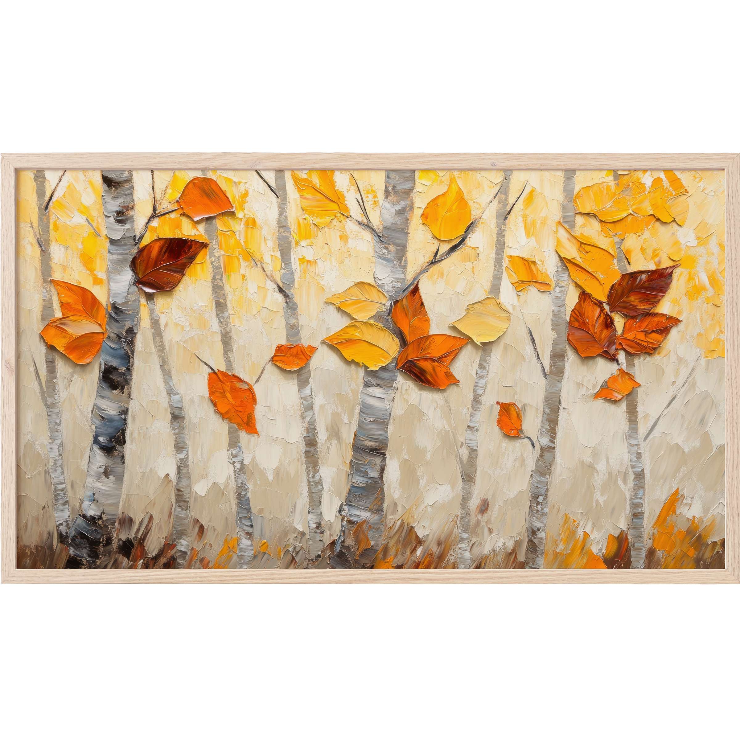 Autumn birch trees with textured orange and yellow leaves in a soft beige background, trees Frame TV Art