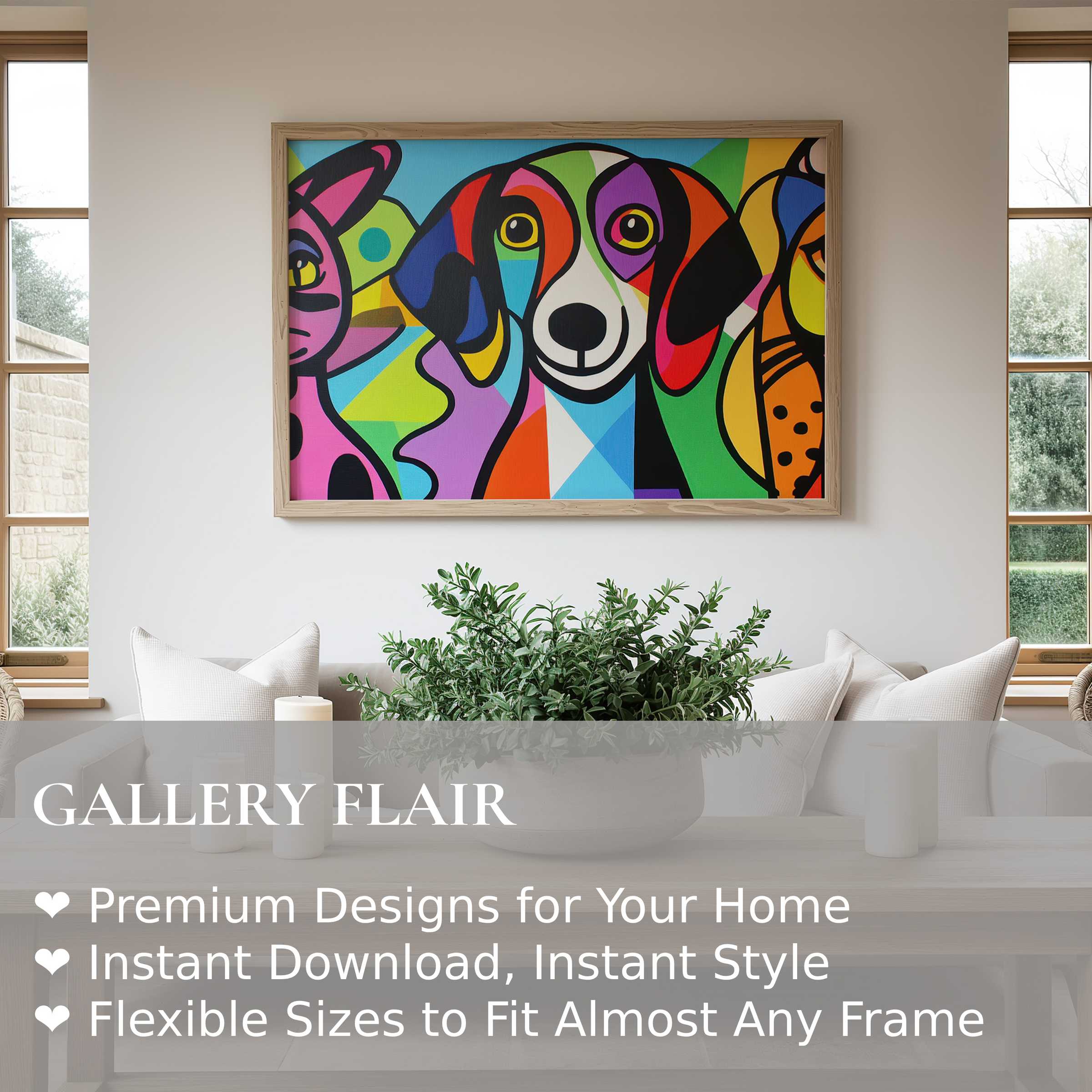 Vibrant pop art wall art print featuring a colorful dog and feline trio, adding bold energy to modern minimalist decor