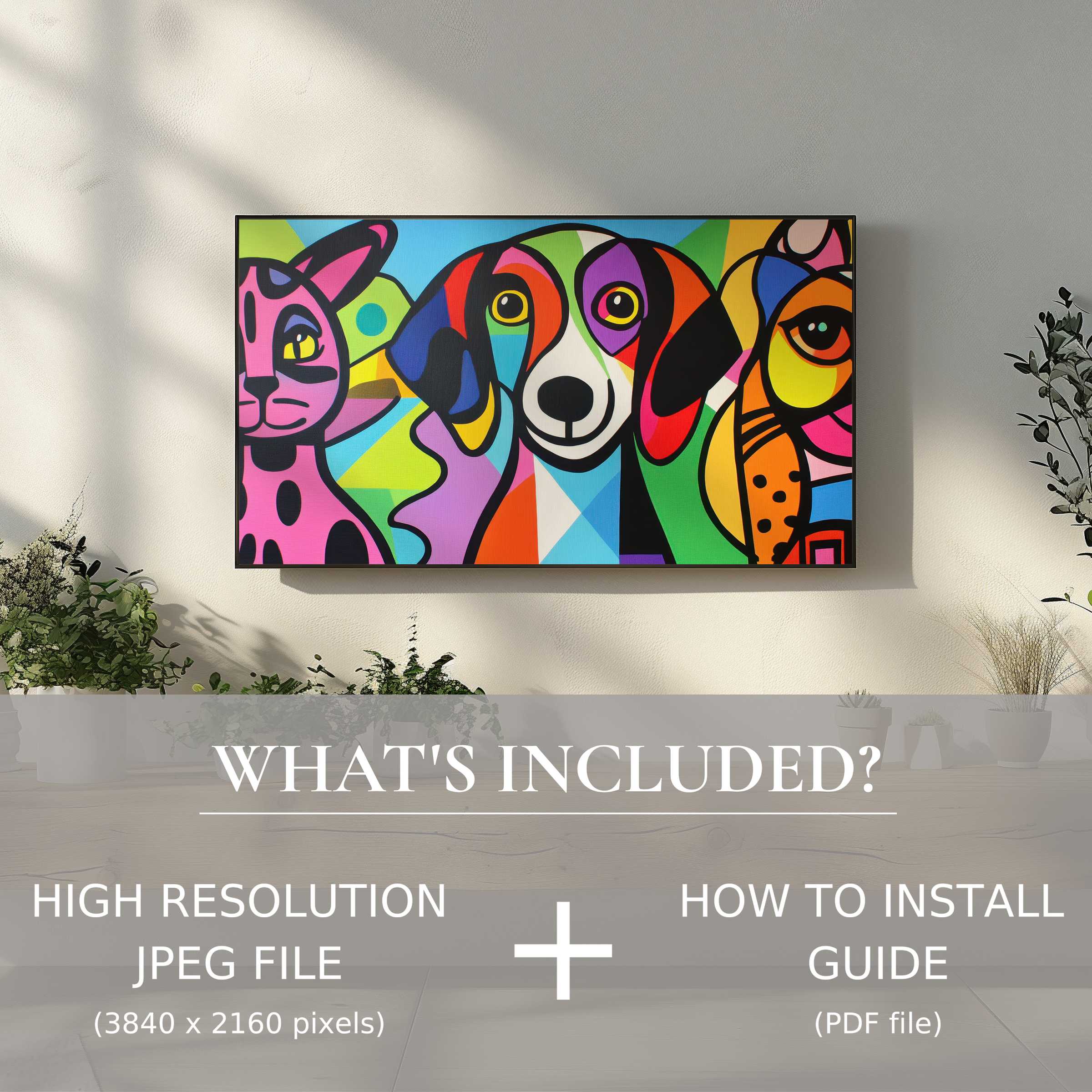Pop art digital TV art download brightens modern homes with easy use, enhancing walls with vibrant animal designs