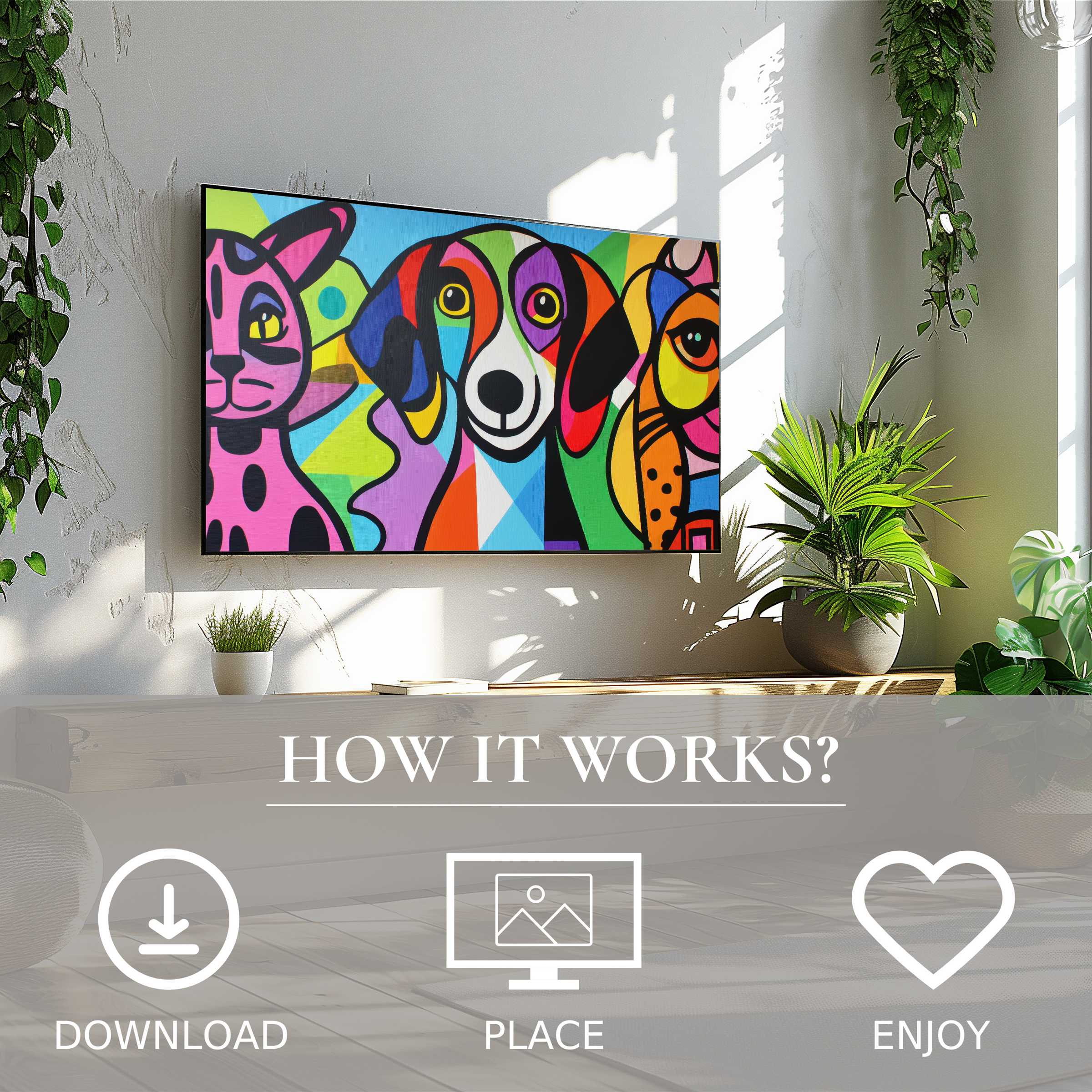 Pop art art for Samsung TV showing vibrant animal motifs, easy digital download enriches modern living spaces