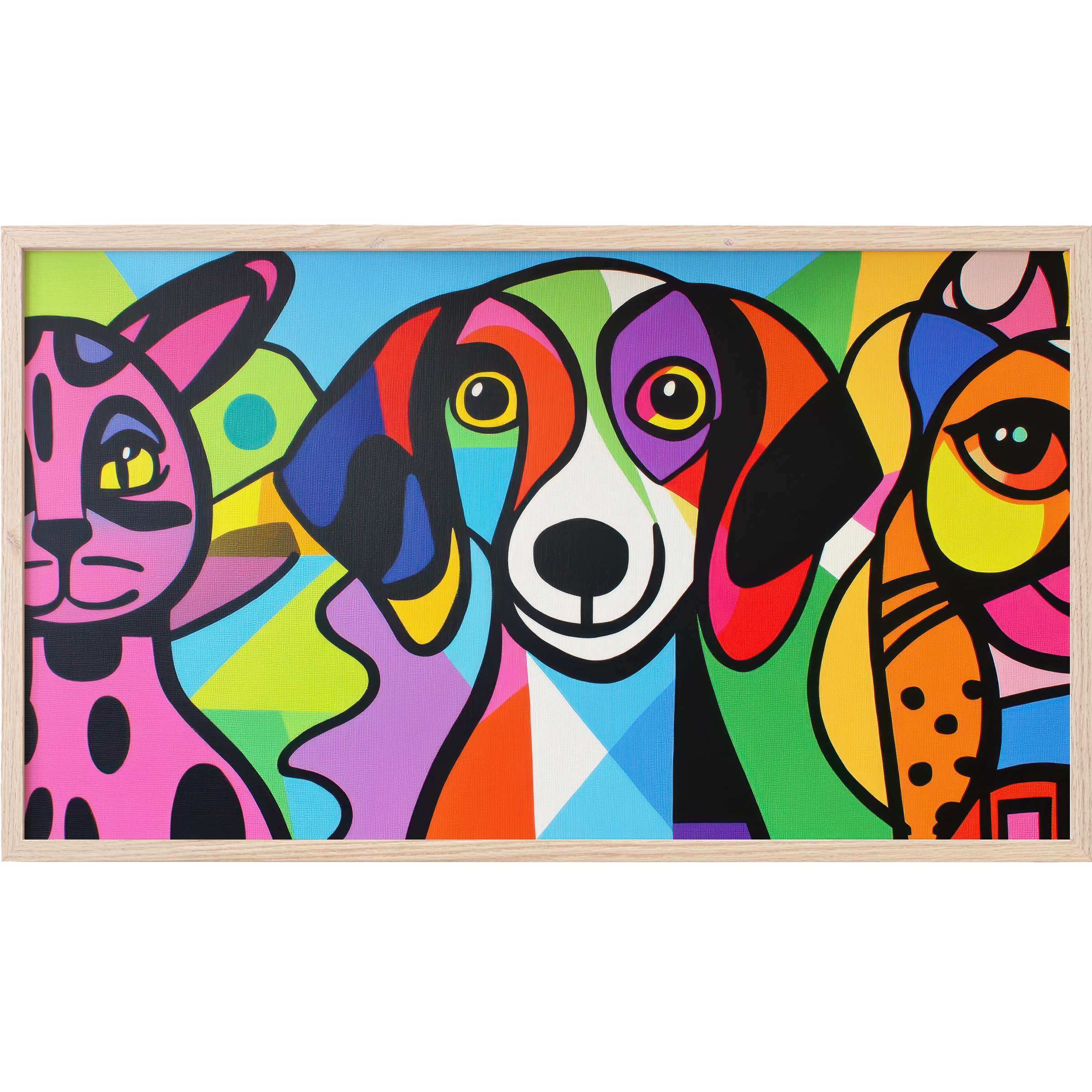 Vibrant pop art Frame TV Art featuring a colorful dog, cat, and rabbit in bold geometric shapes