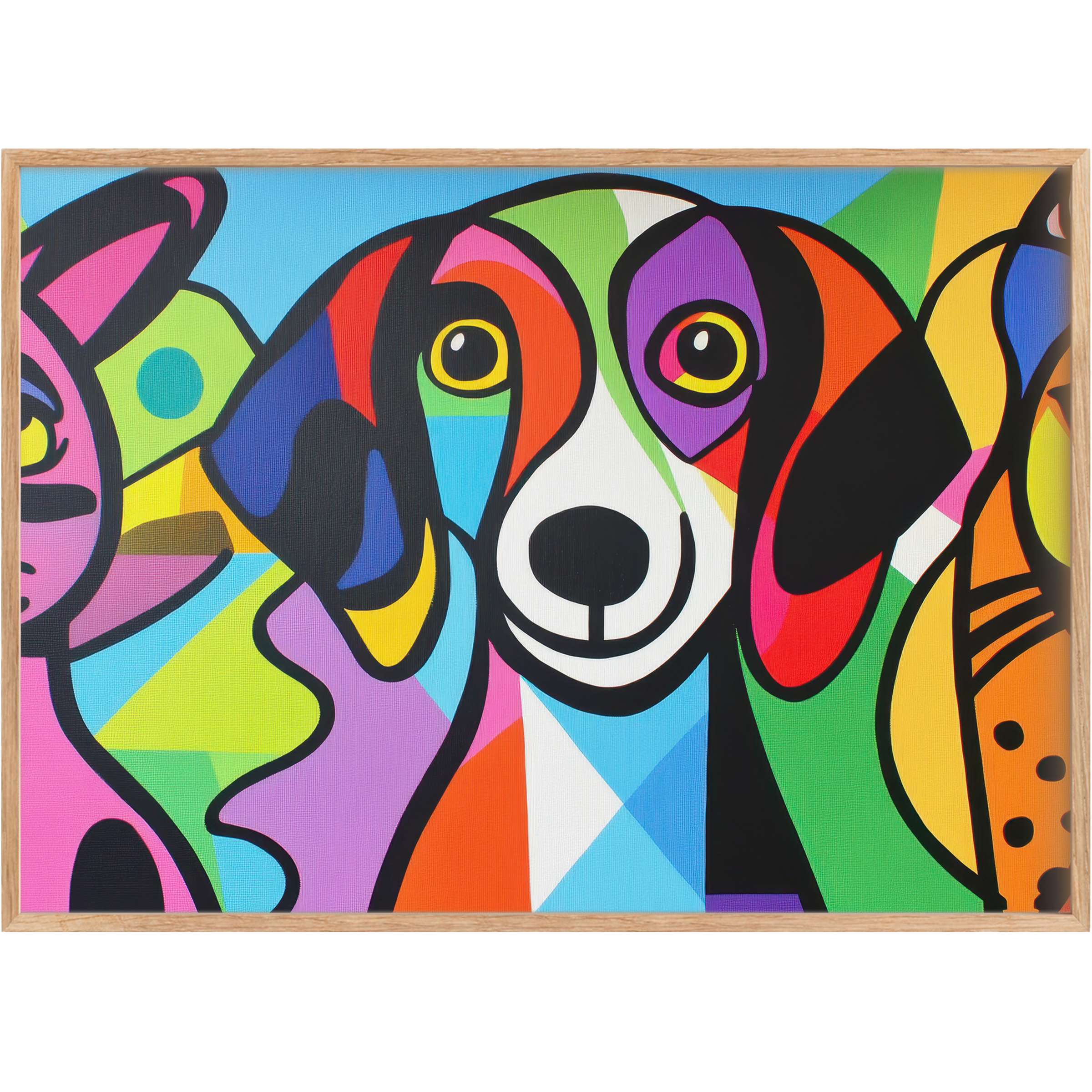 Vibrant pop art printable wall art showcasing a joyful dog in bold reds, blues, and greens, energizing chic spaces