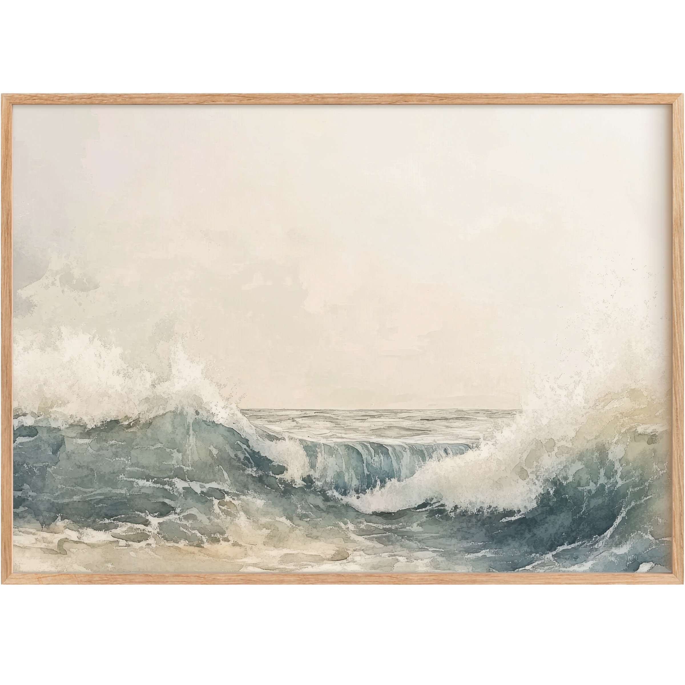 Summer printable wall art capturing the serene power of ocean waves in soft blues and sandy neutrals, evoking calm and renewal
