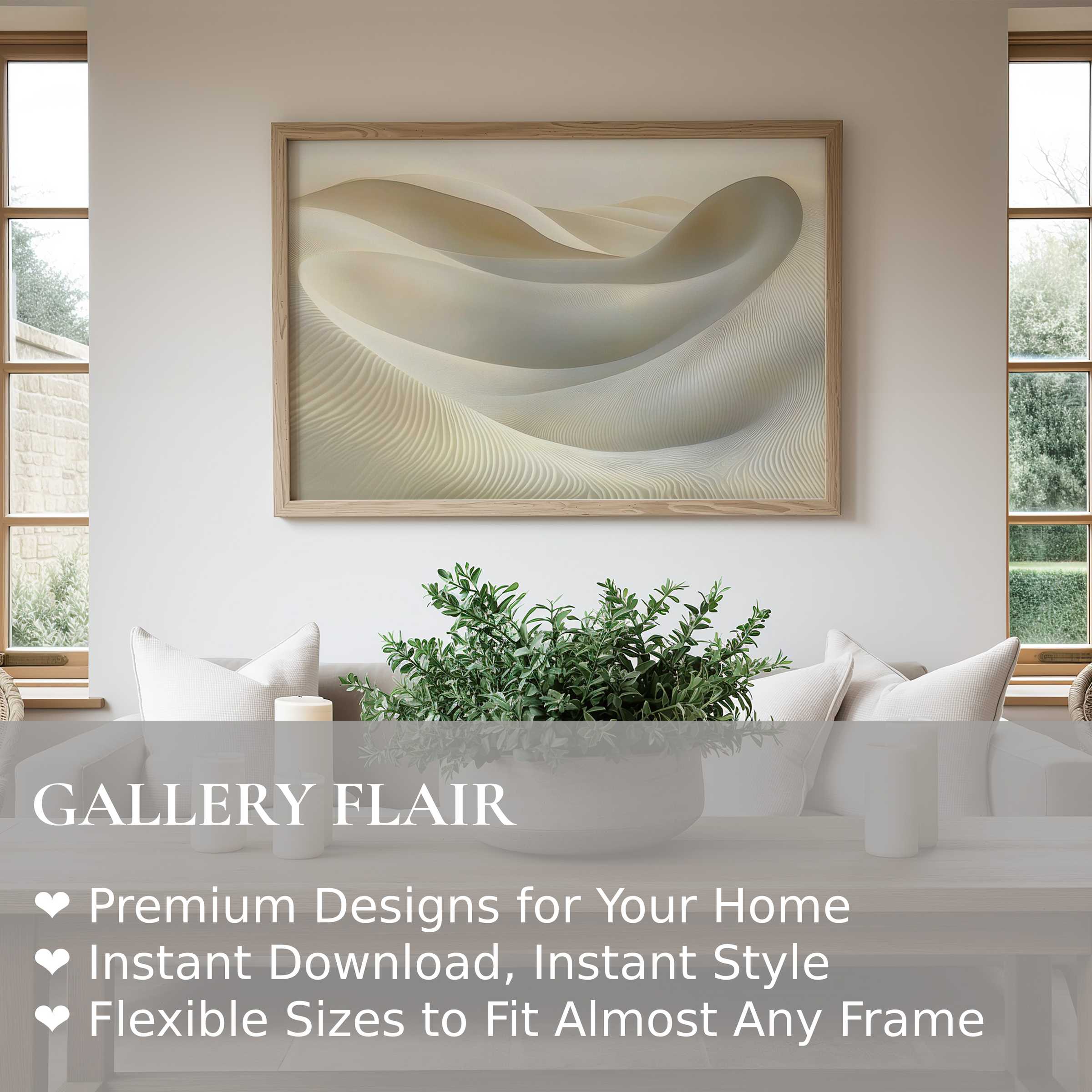 Neutral wall art print featuring soft sand dune forms in warm beige tones, radiating calm and elegance in a modern minimalist living space