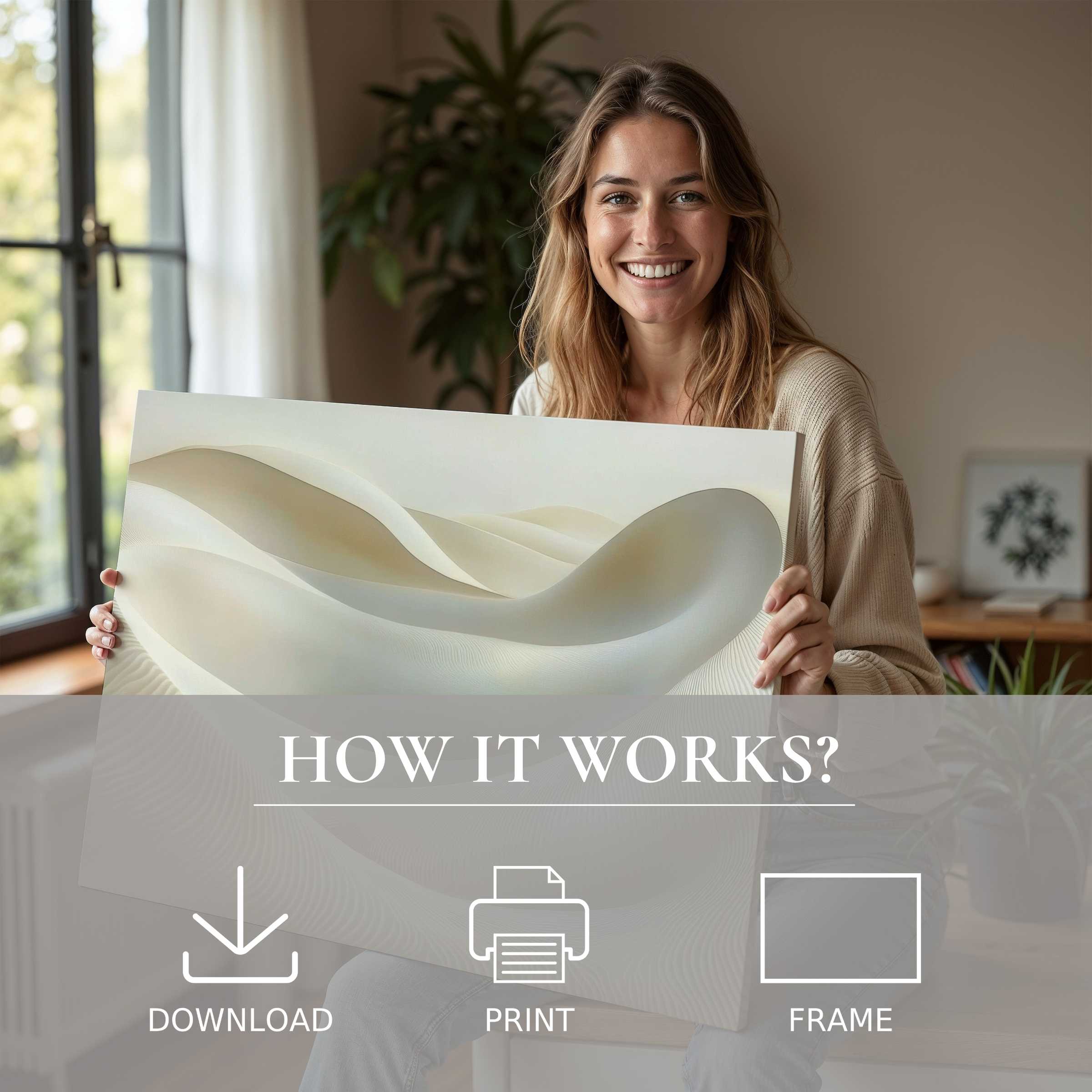 Radiating warmth and joy, a refined neutral digital art print brings serene, flowing shapes into this modern home, elevating everyday living