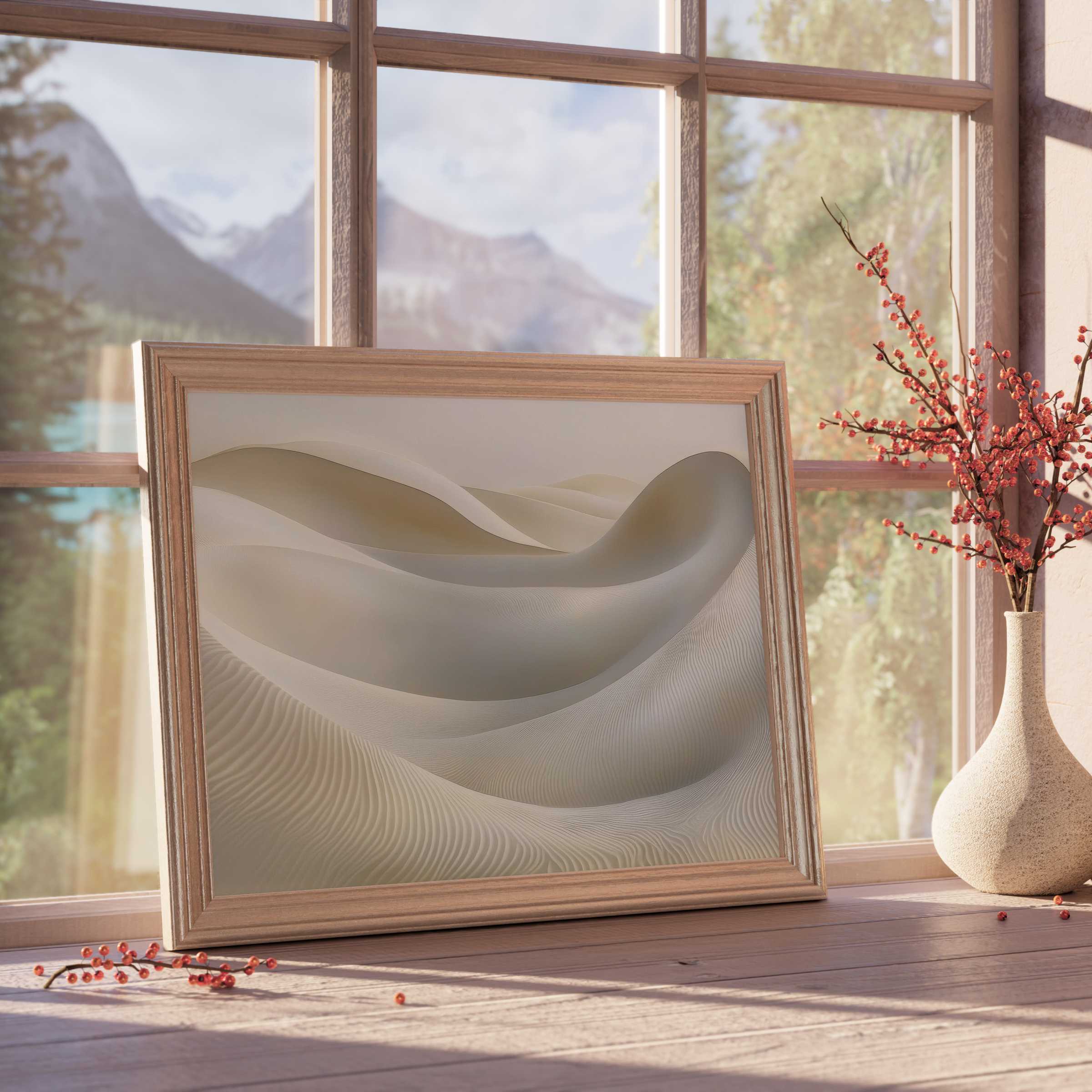 Neutral downloadable art featuring soft, flowing dunes in warm beige tones, elevating calm, design-forward interiors