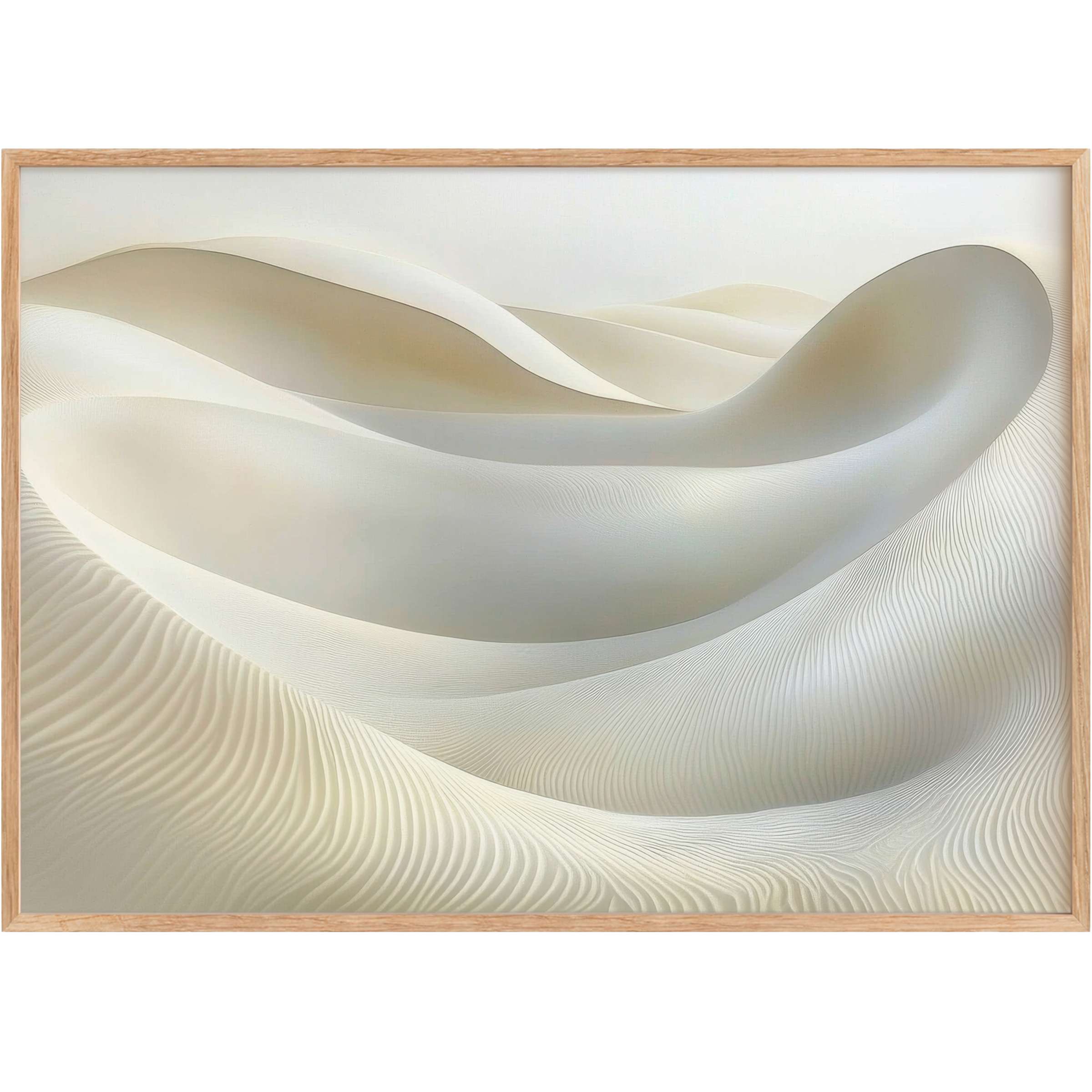 Serene neutral printable wall art featuring elegant, flowing sand dunes in soft beige and ivory tones, evoking calming warmth and timeless sophistication