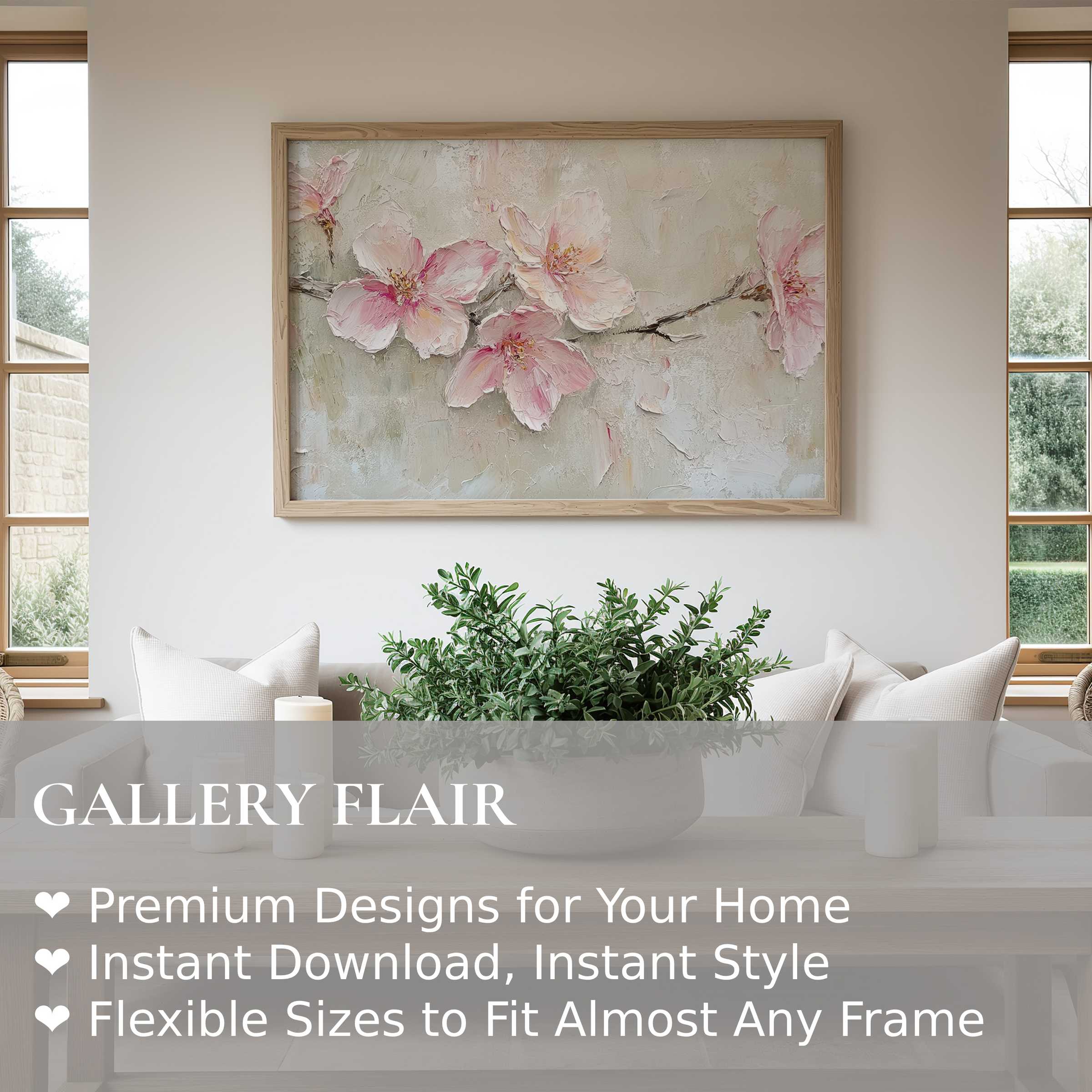 Delicate spring wall art print featuring soft pink blossoms in textured brushstrokes, elevating modern minimalist interiors with serene elegance and fresh natural charm
