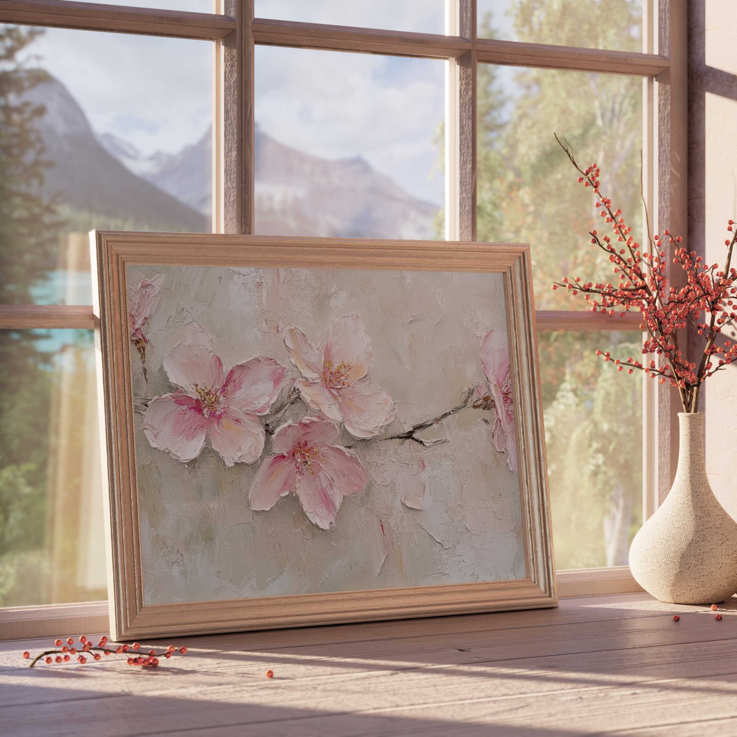 Elegant spring downloadable art featuring delicate pink blossoms in textured brushstrokes, perfect for curated tranquil interiors