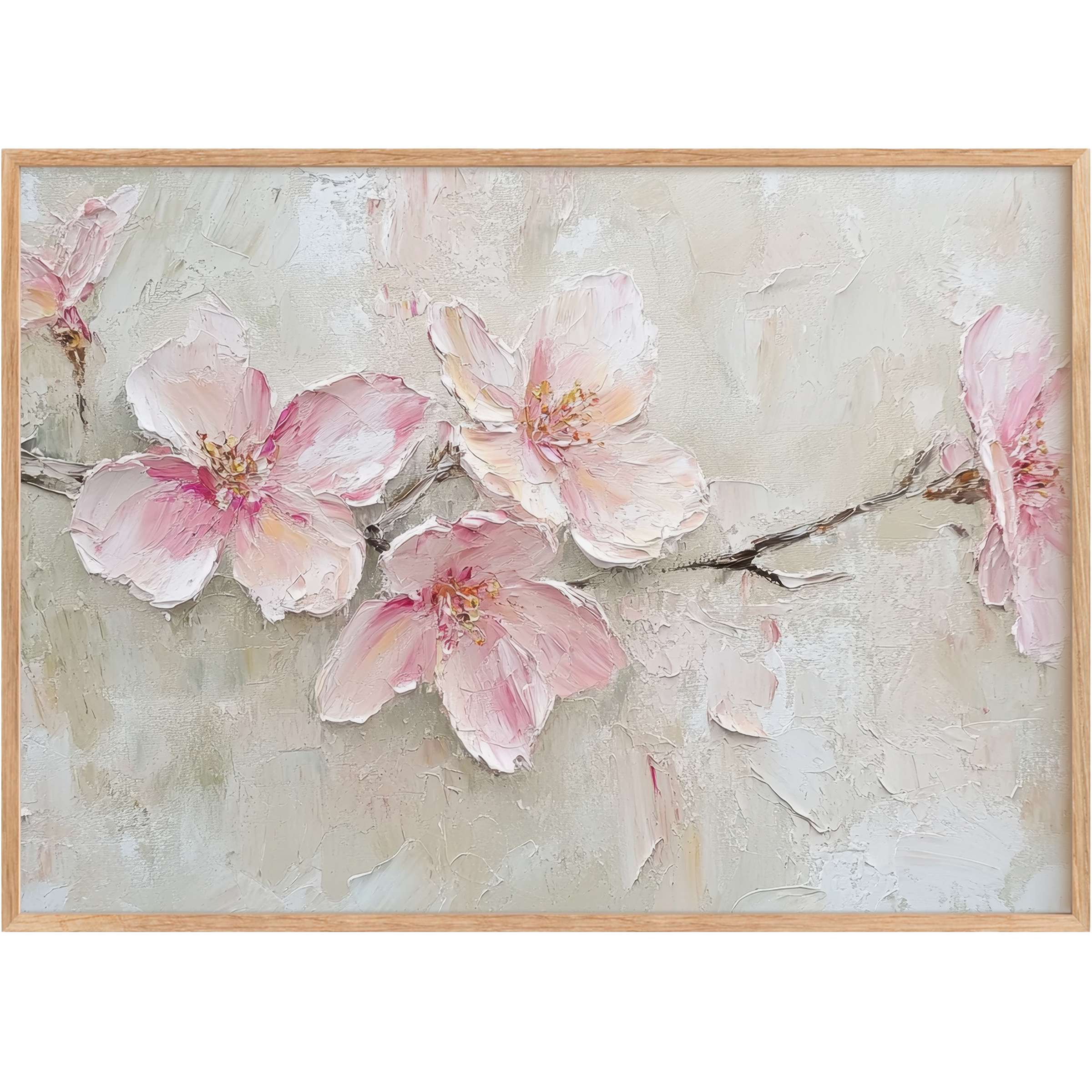 Elegant spring printable wall art featuring soft pink blossoms on textured beige, evoking a serene, uplifting ambiance
