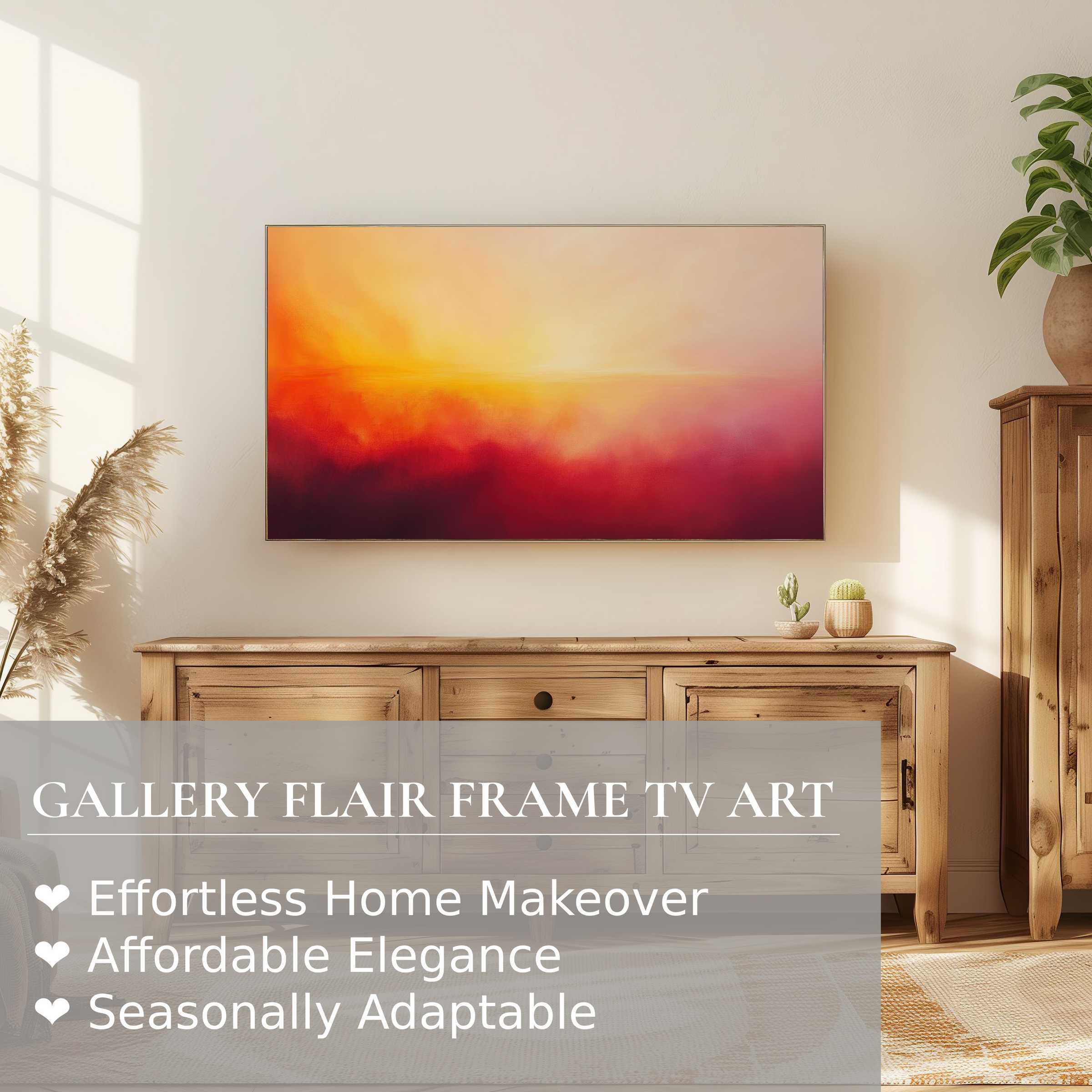 Samsung Frame TV displays warm abstract digital artwork enhancing this modern, serene living space with natural wood tones
