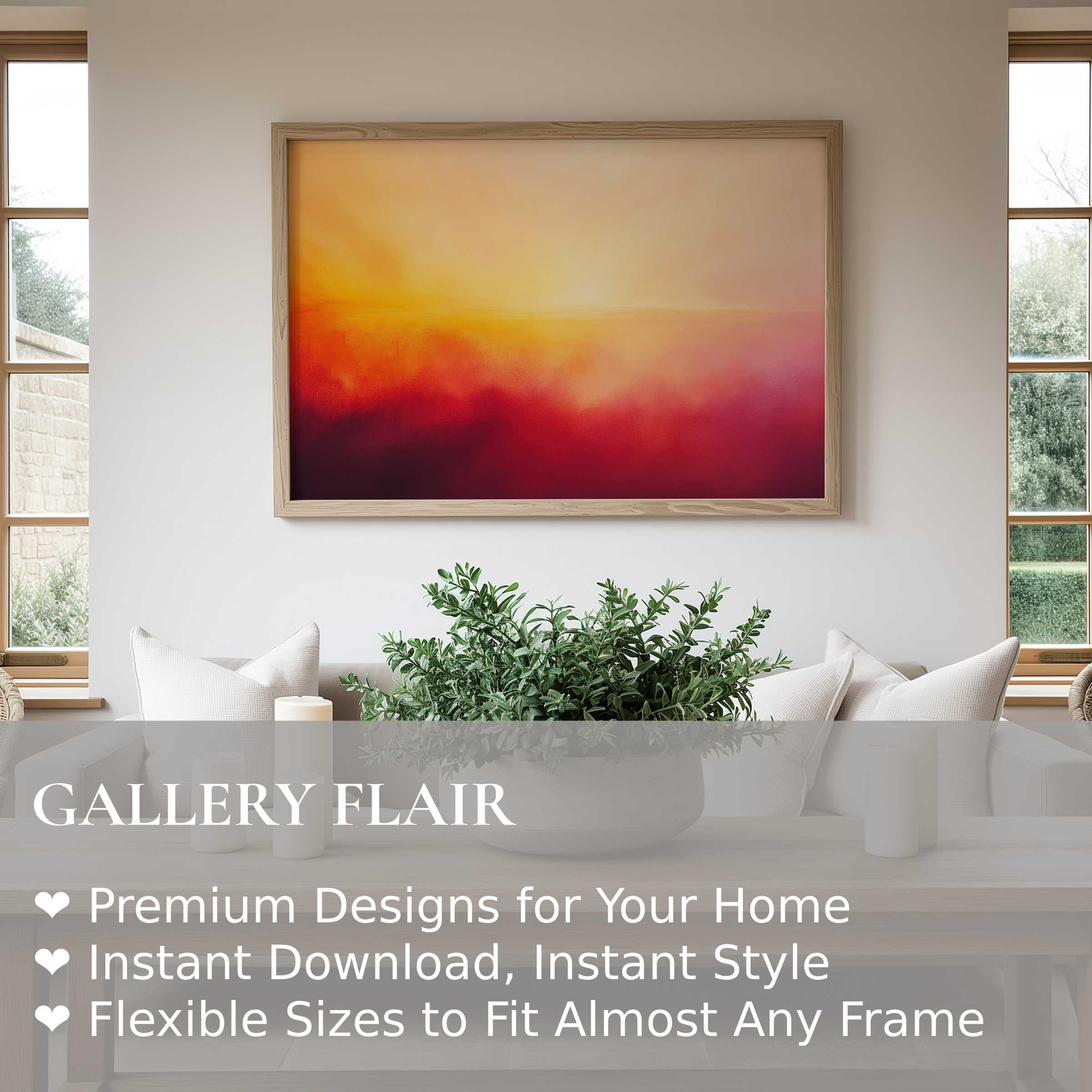 Bold abstract wall art print with a radiant gradient of warm yellows and deep reds elevates this modern, serene living space