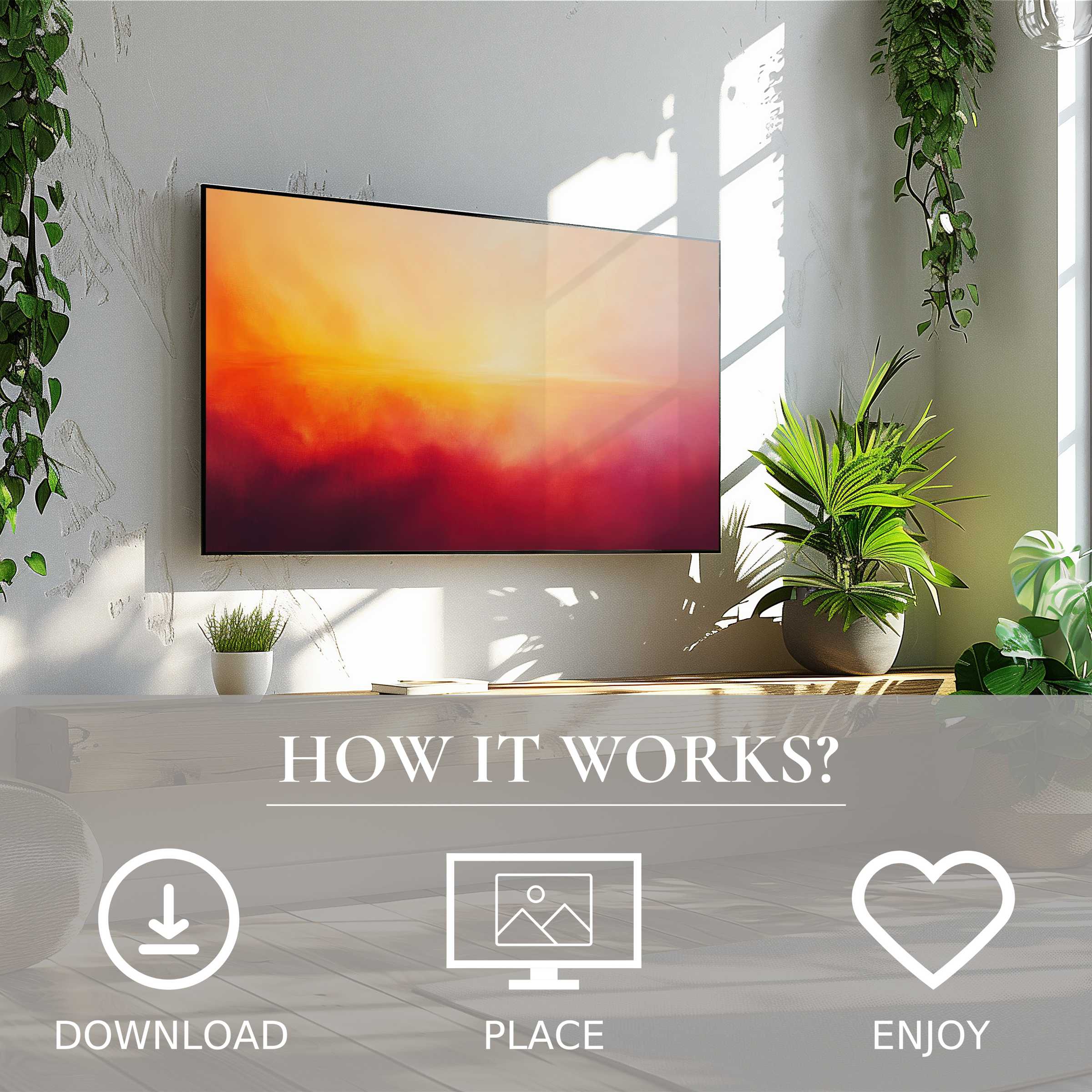 Abstract art for Samsung TV with warm sunset tones, easy digital download enhances modern living spaces