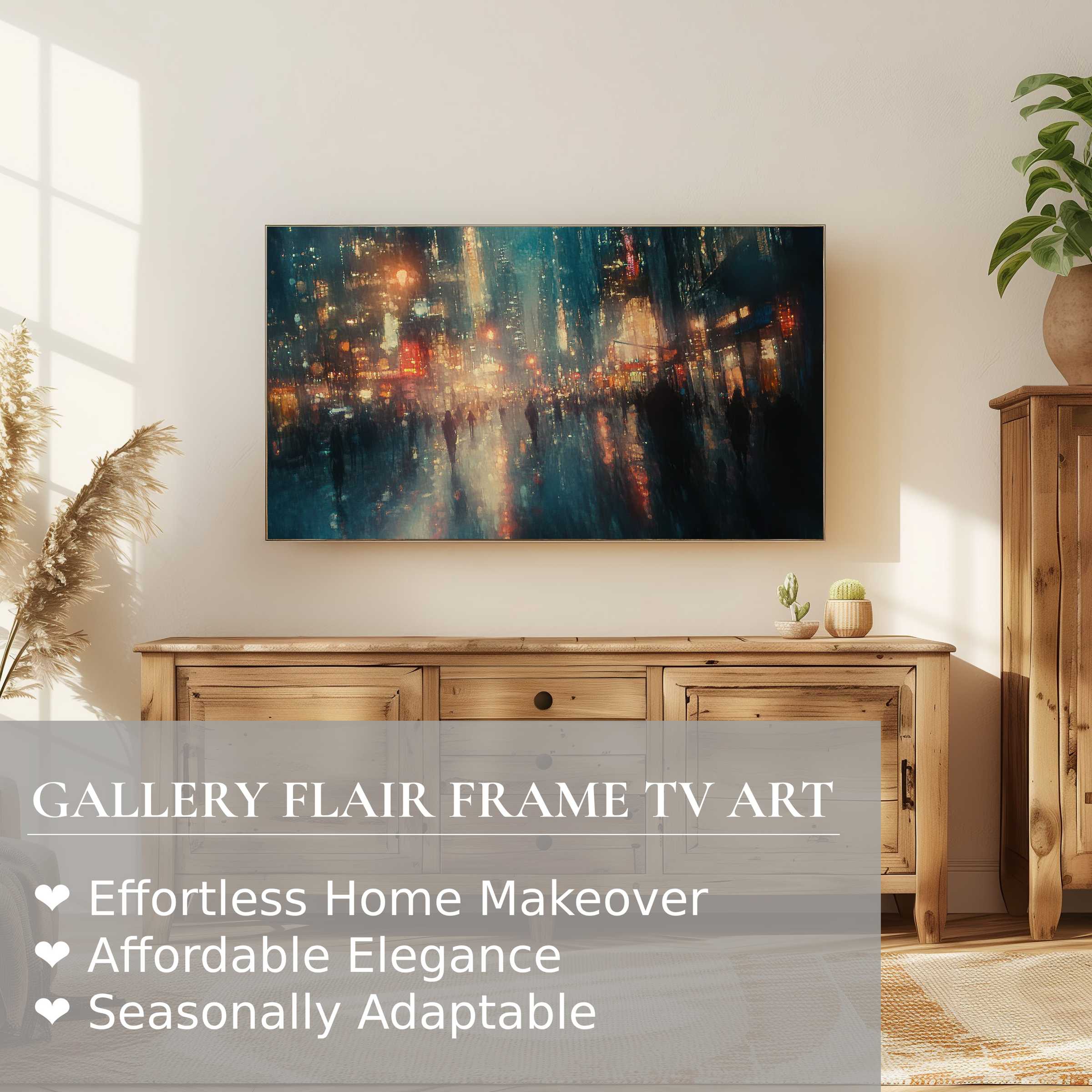Samsung Frame TV displays urban digital artwork with moody city lights in a sleek, modern living space