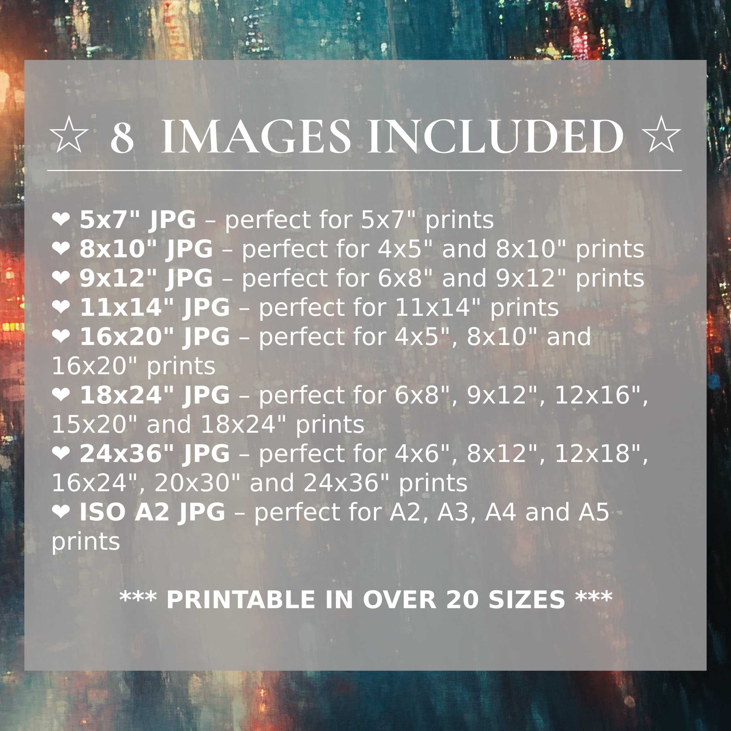 Urban digital print radiates calming teal and warm amber hues, offered in 8 high-res sizes for versatile modern interiors