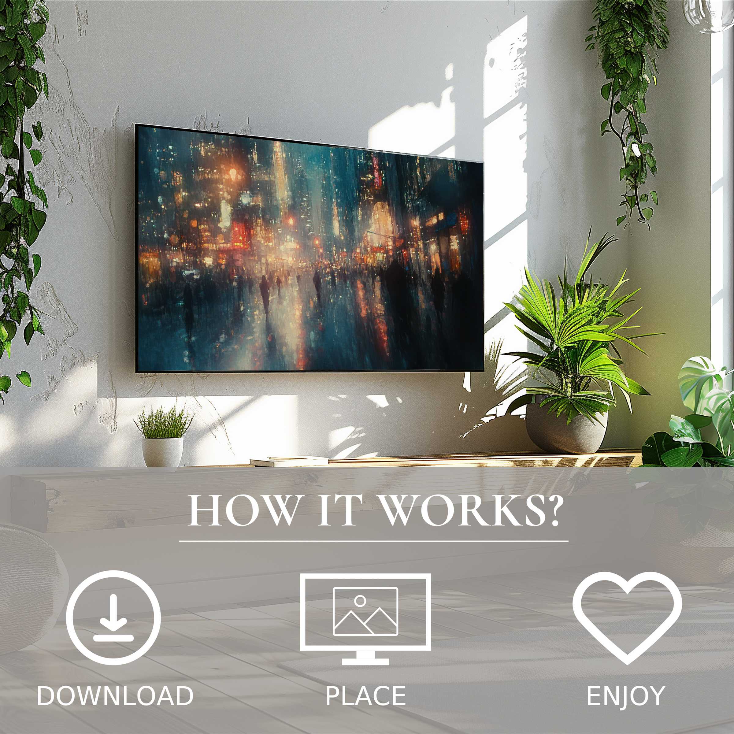Urban art for Samsung TV with vibrant city lights motif, easy digital download enriching modern living spaces