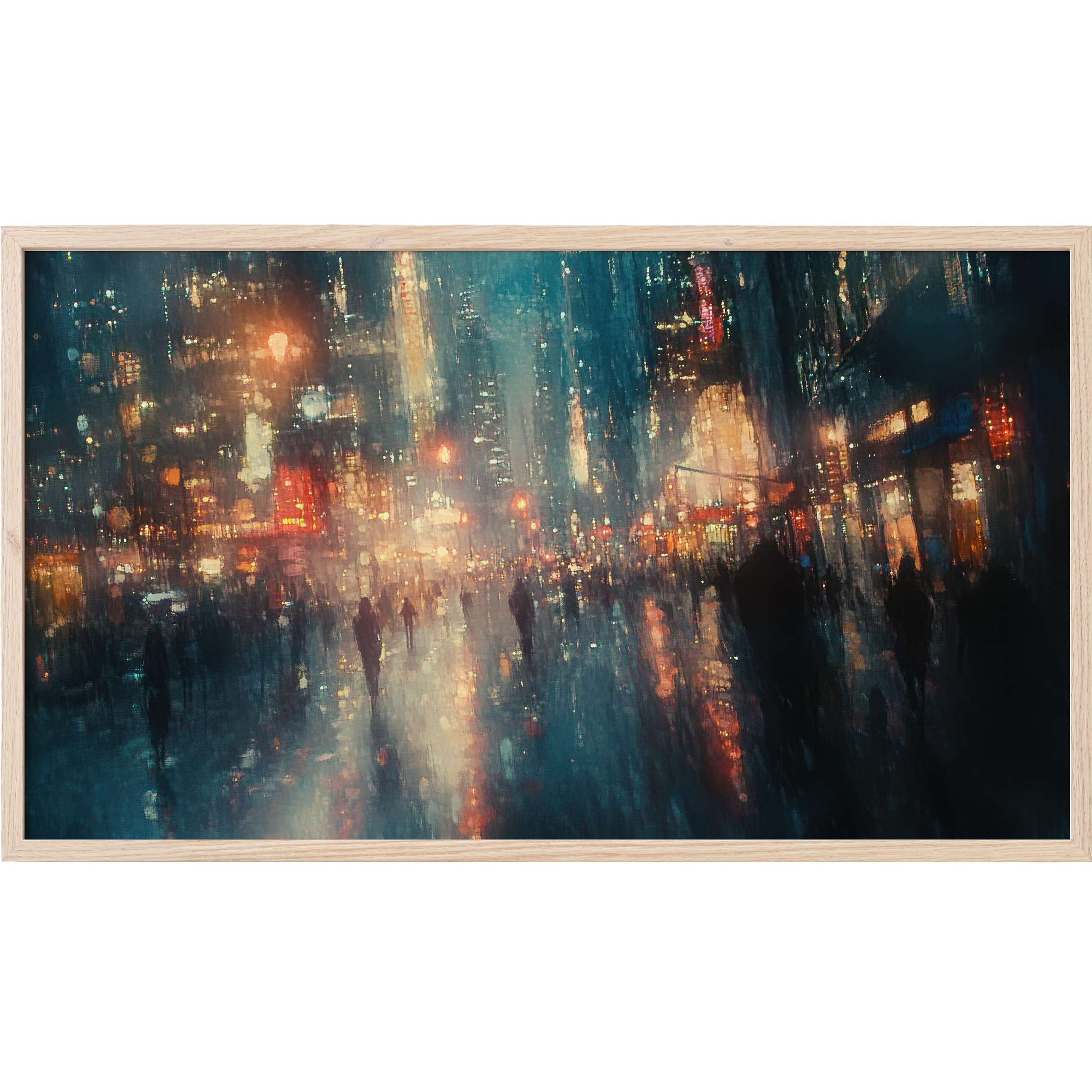 Moody urban nightscape with blurred lights and silhouettes in deep blues and amber tones, perfect urban Frame TV Art