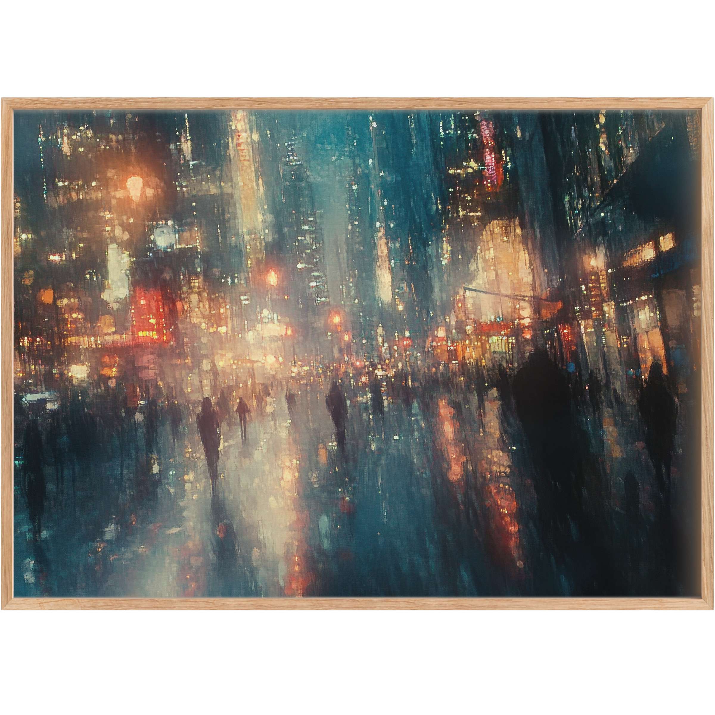 Misty cityscape with glowing amber and cool blue tones, an urban printable wall art that evokes serene, reflective sophistication