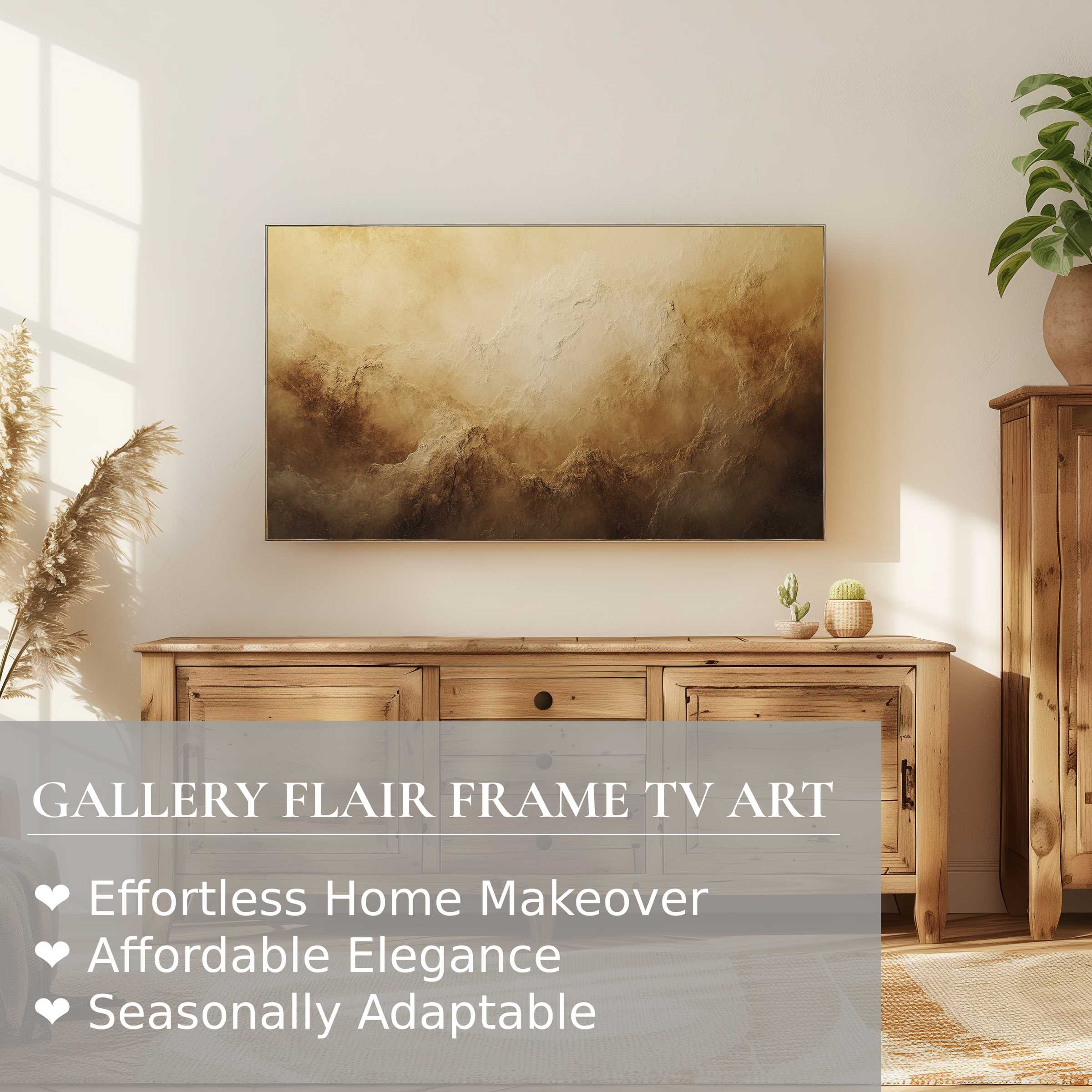 Samsung Frame TV displaying refined landscape digital artwork in warm earthy tones, perfect for elegant home decor