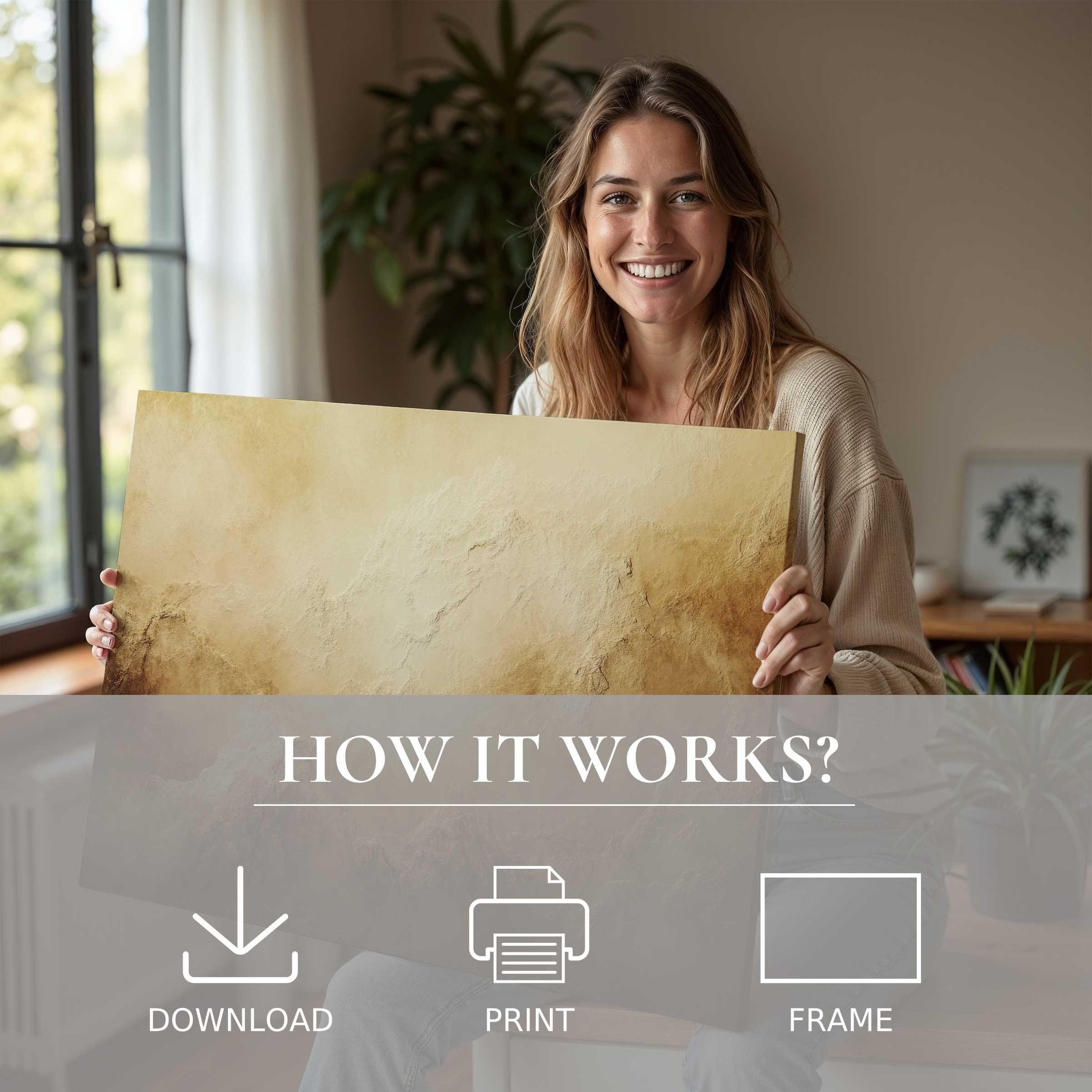 A joyful moment embracing a warm-hued landscape digital art print in a chic, serene living space