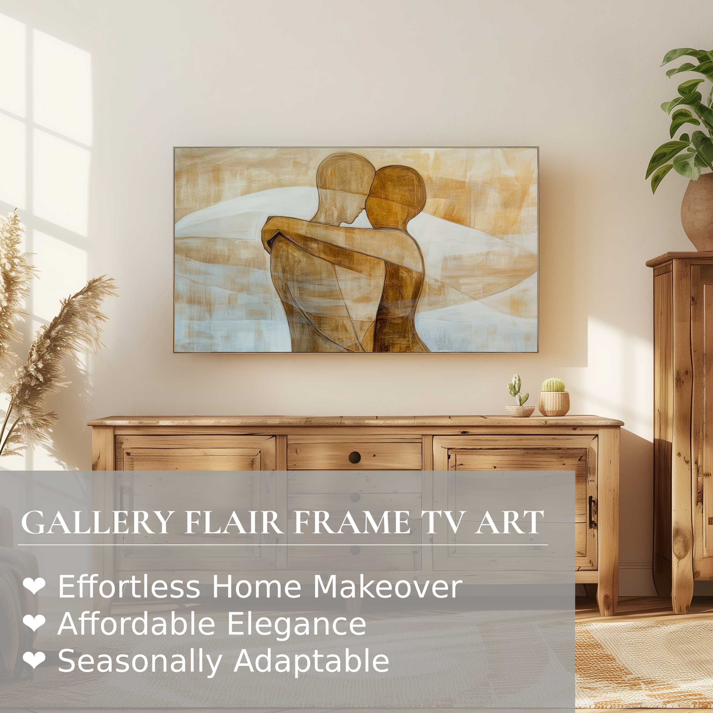 Samsung Frame TV displaying minimalist digital artwork of embracing figures in warm, neutral tones in a modern setting