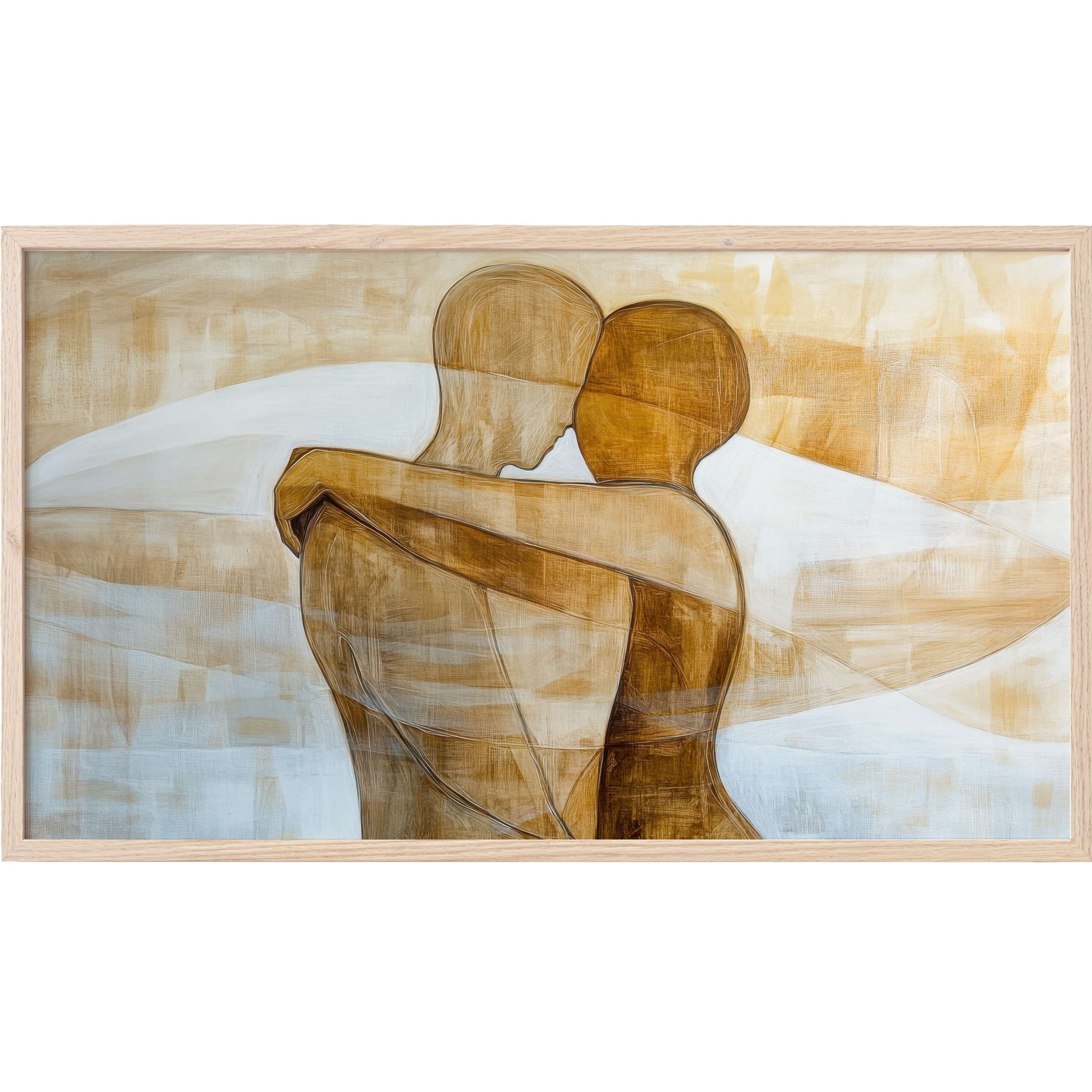 Minimalist Frame TV Art depicting two embracing figures in warm brown and beige tones with soft abstract background