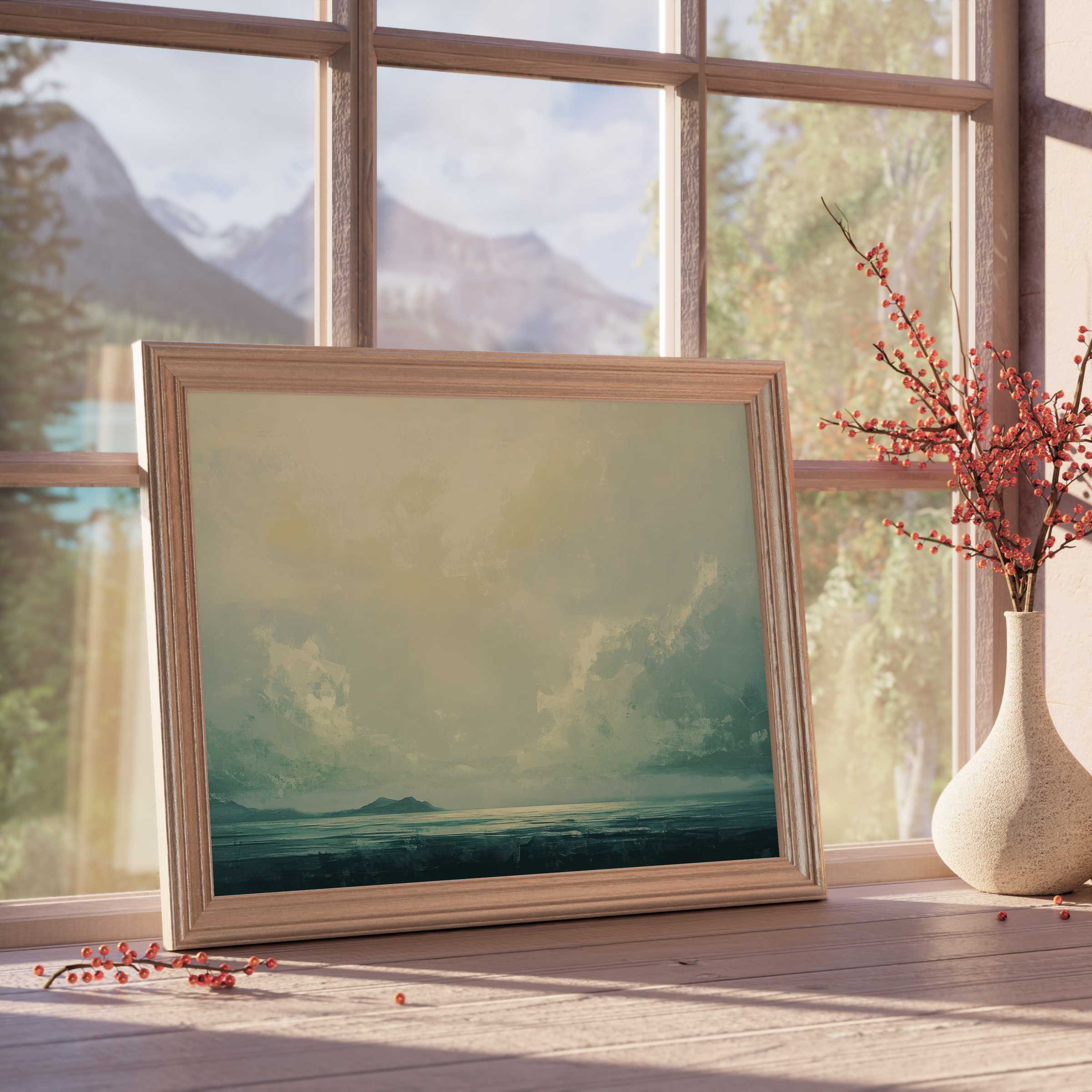 Serene beach downloadable art with muted teal and sandy hues, elevating tranquil, design-forward interiors with coastal elegance
