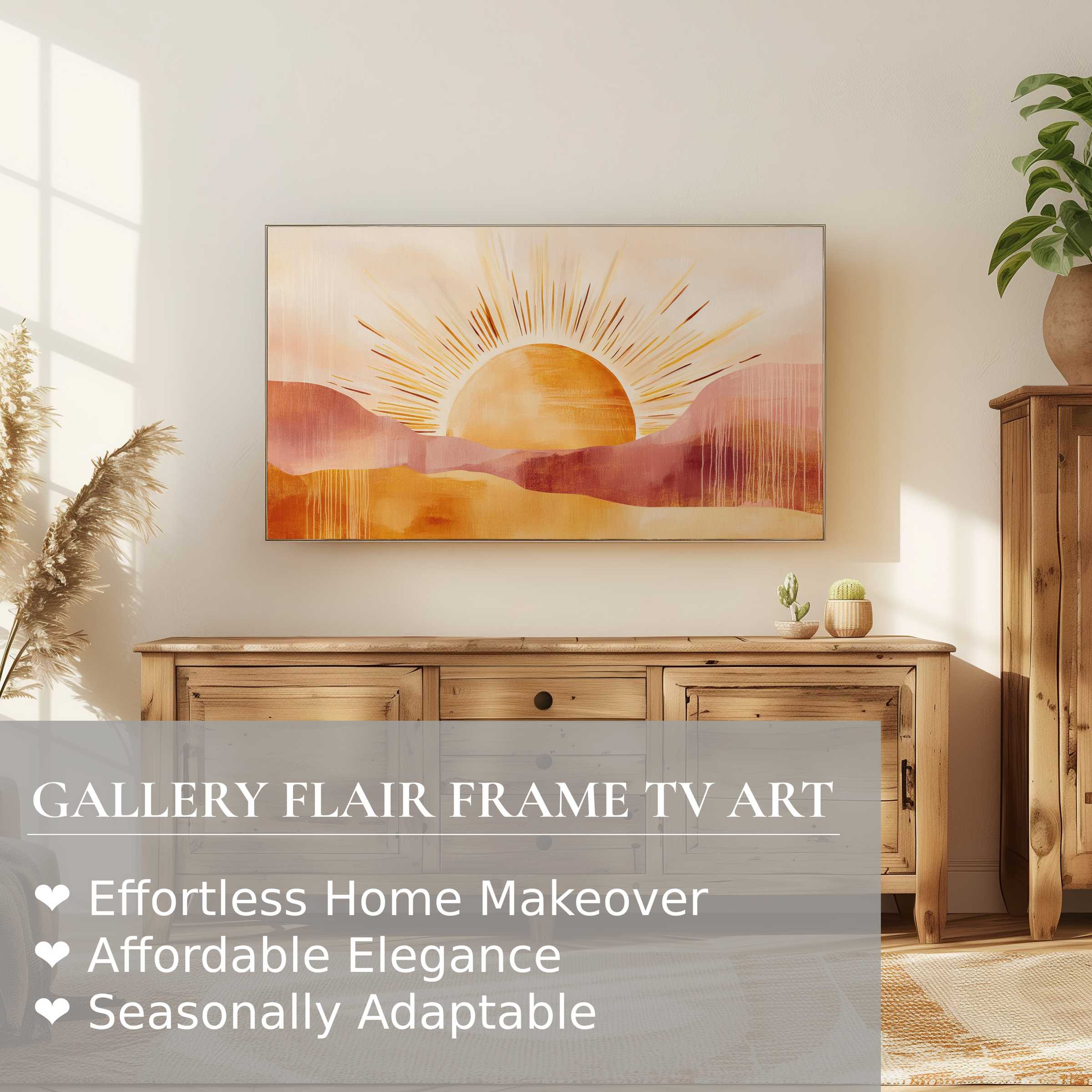 Samsung Frame TV showcasing warm boho digital artwork in a sunlit, elegant living room with natural wood tones