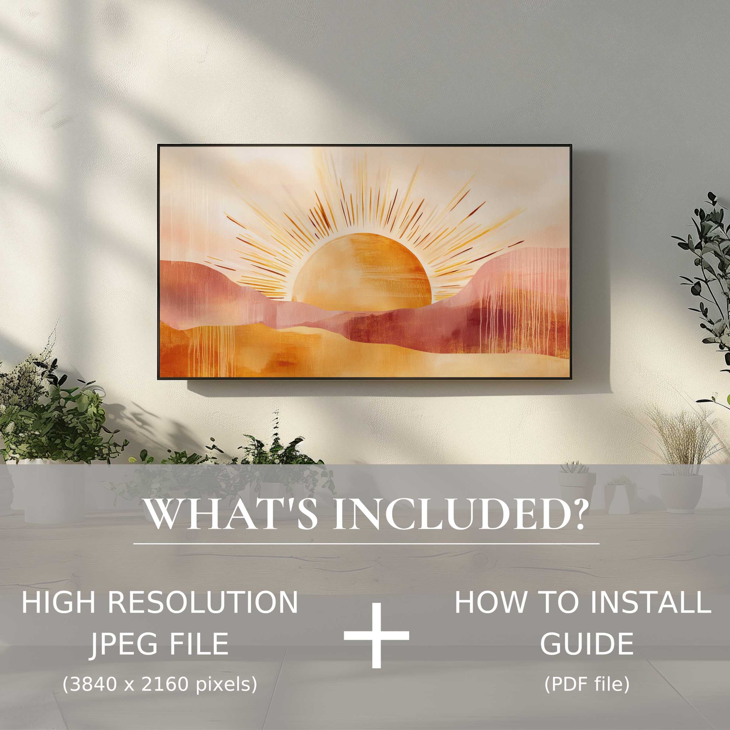 Elegant boho digital TV art download showcasing warm sunrise, enhancing living space with easy digital use and stylish charm