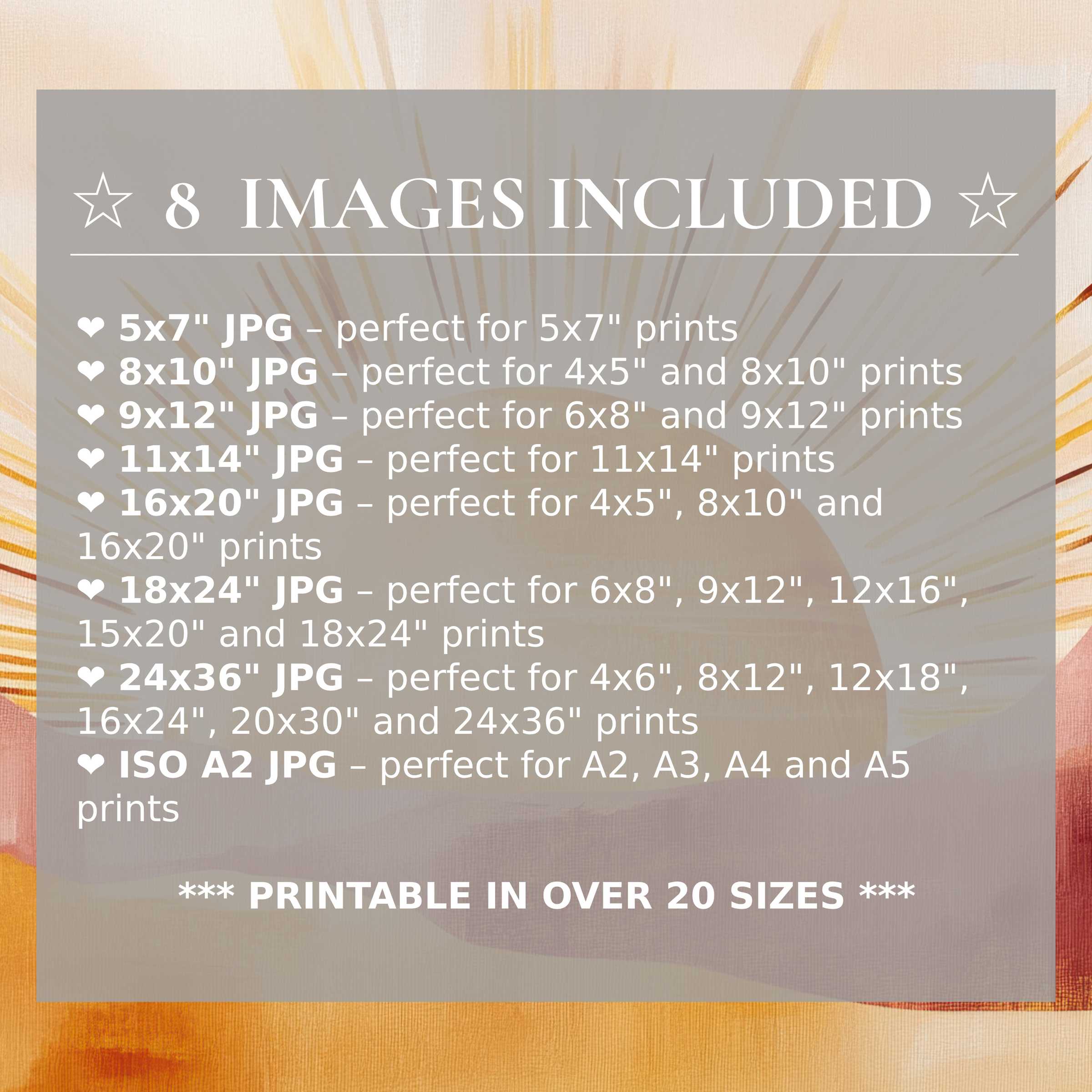 Boho digital print radiates warm golds and muted pinks, offering calming, stylish versatility with 8 included high-res sizes