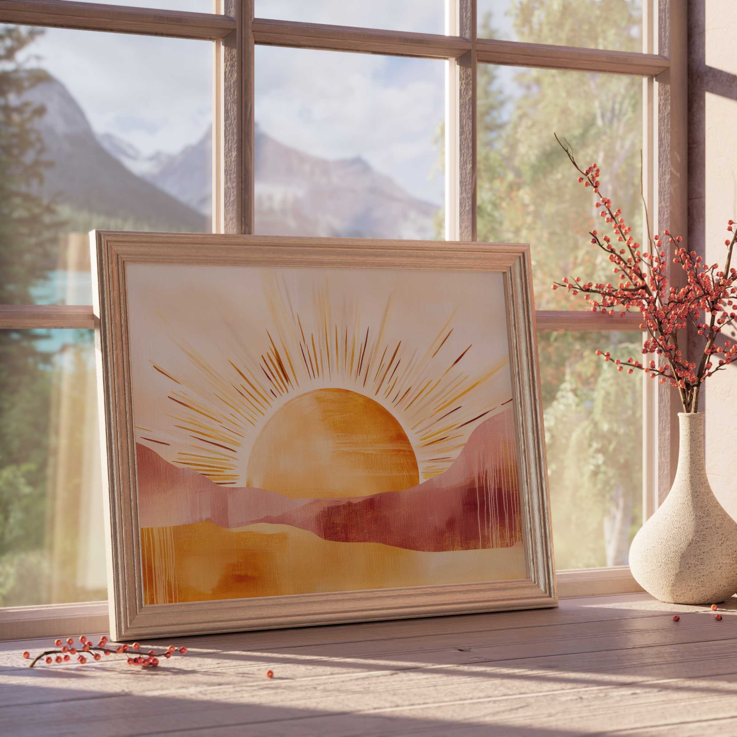 Boho downloadable art capturing a radiant sunrise in warm ochres and terracotta, perfect for curated, tranquil interiors