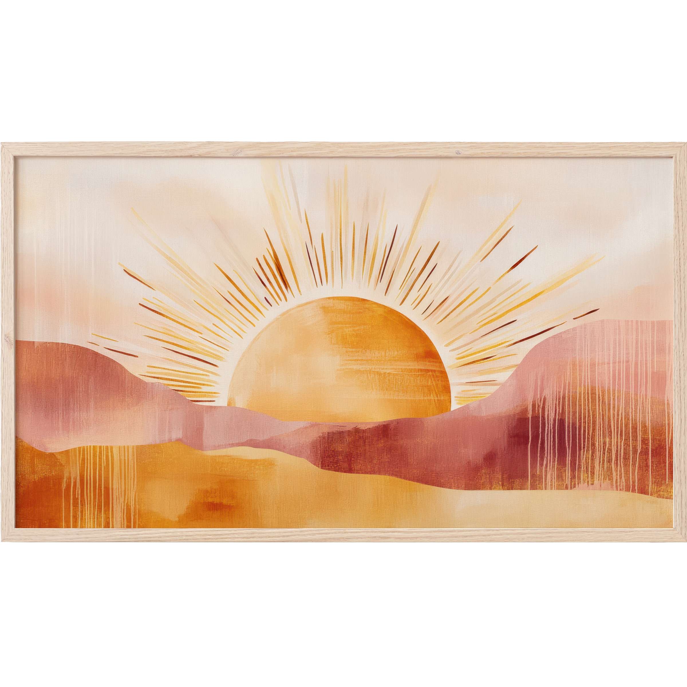Boho Frame TV Art with warm ochre sunrays, soft pink hills, and muted beige sky for a serene, modern vibe